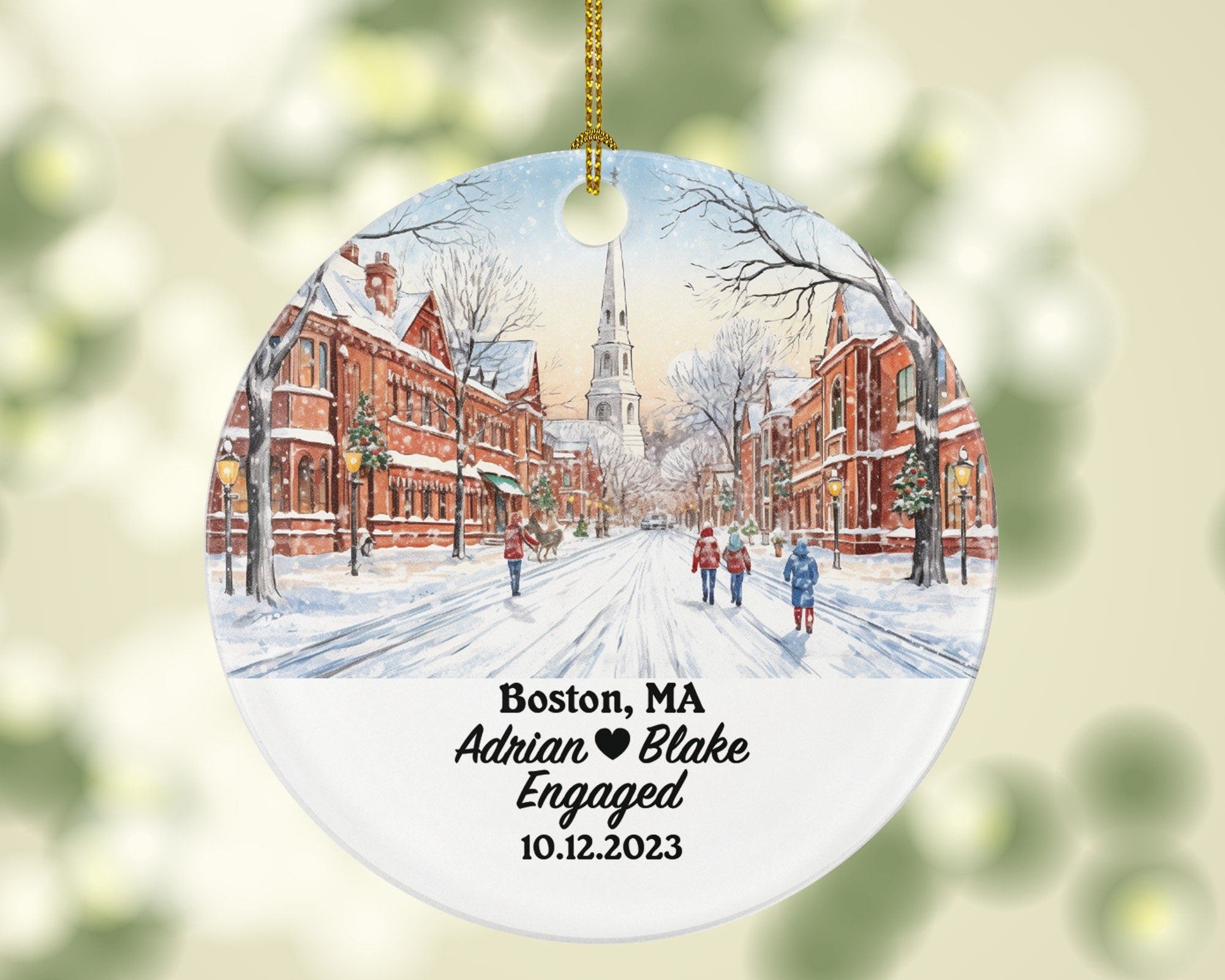 Boston MA Christmas Ornament Personalized - Engaged Married Family Together Couple Travel Honeymoon Wedding Engagement Marriage