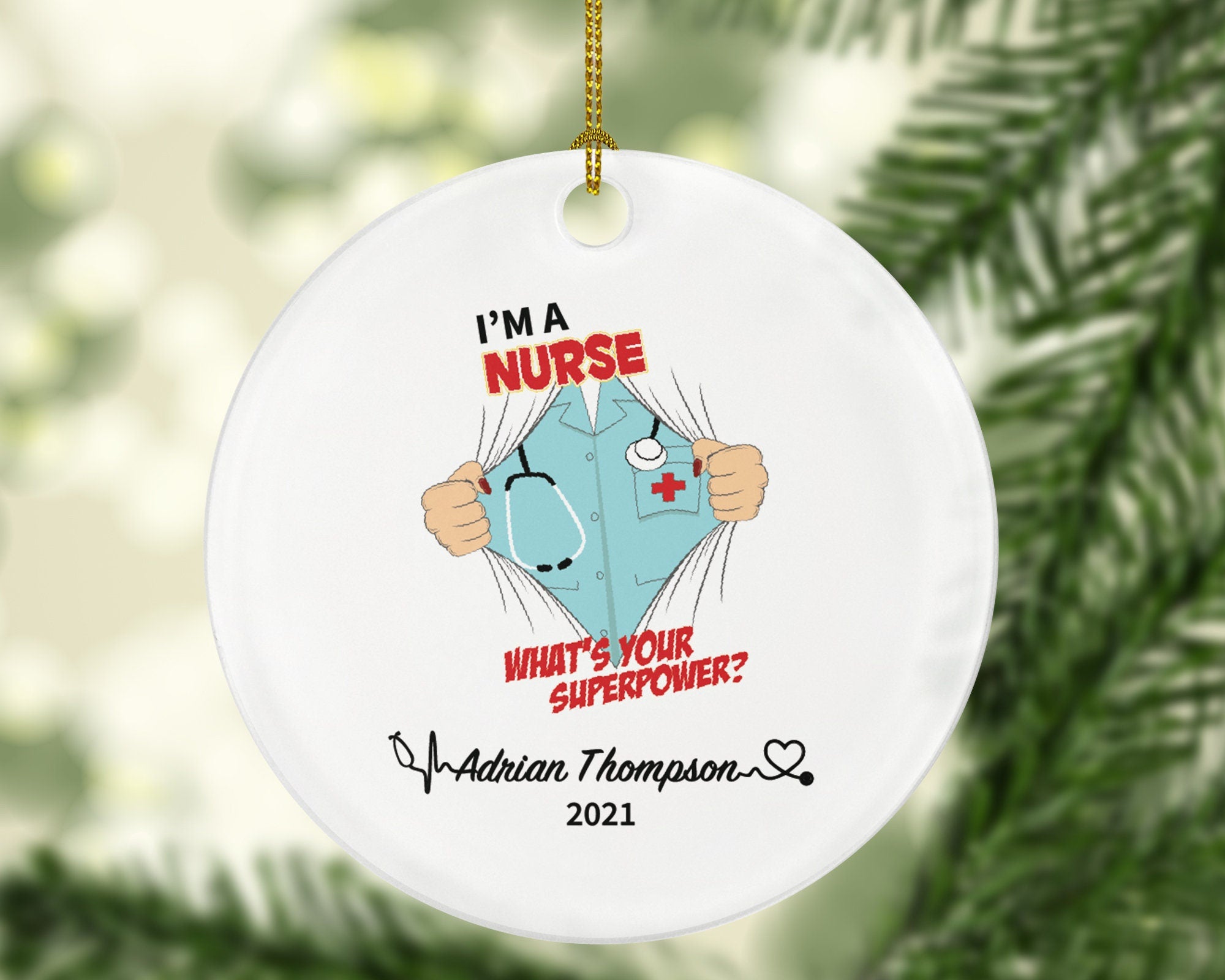Nurse Super Power Christmas Ornament Personalized - Nursing Registered Male Nurse Health Worker Gift from Patient for RN Custom Medical