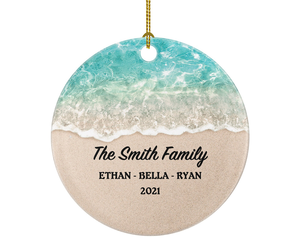 Personalized Family Christmas Ornament - Gift for Family of 2 3 4 5 6 - Custom Family Name Year Christmas Ceramic Ornament - Beach Colors