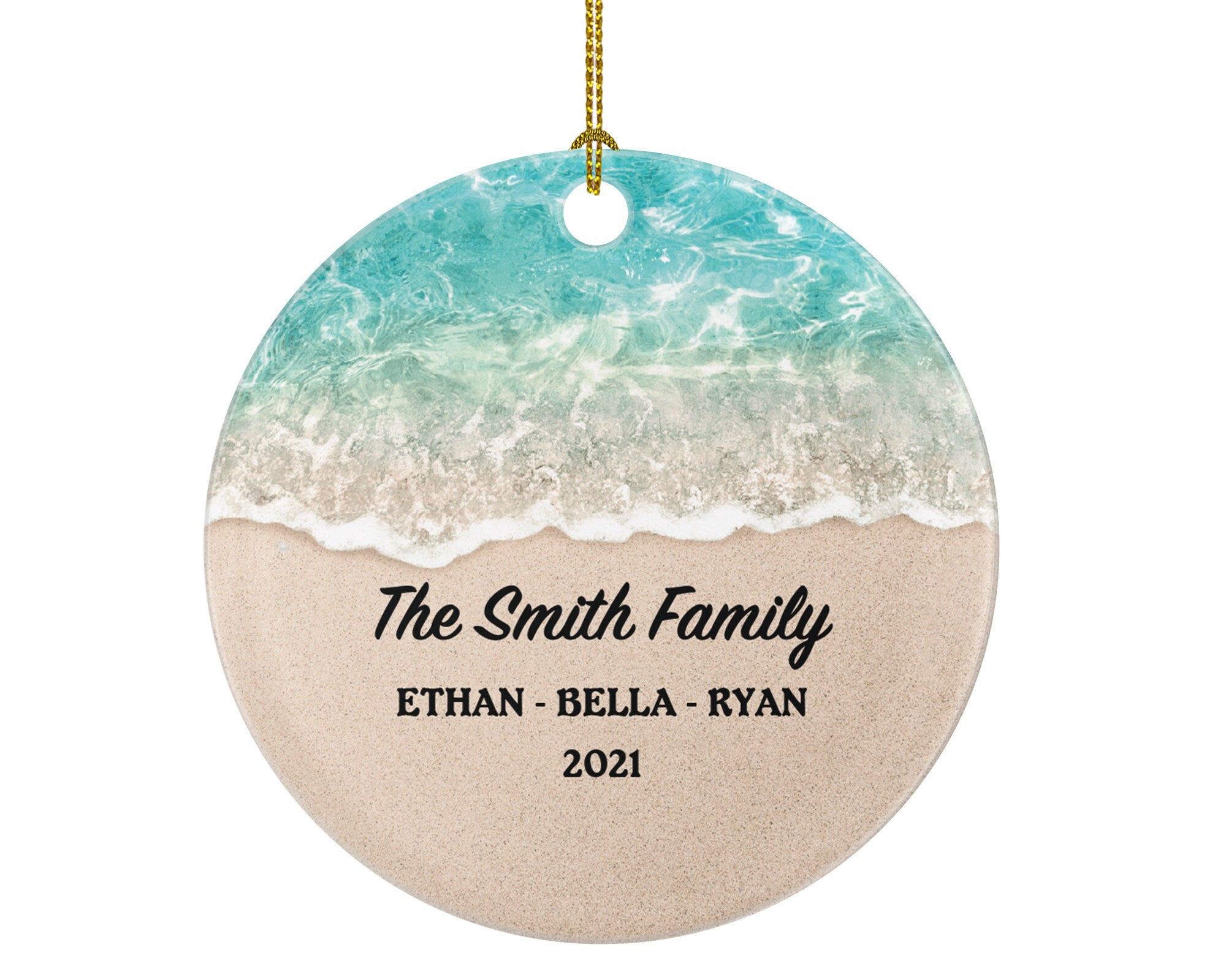 Personalized Family Christmas Ornament - Gift for Family of 2 3 4 5 6 - Custom Family Name Year Christmas Ceramic Ornament - Beach Colors