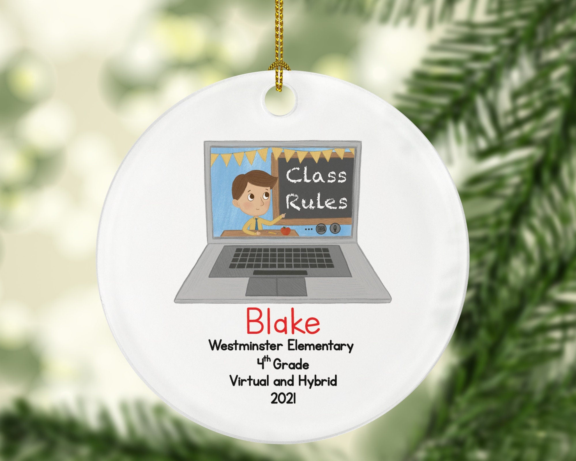 Distance Learning Virtual Class School Personalized Christmas Ornament - Survivor Pandemic Coronavirus Laptop Computer At Home