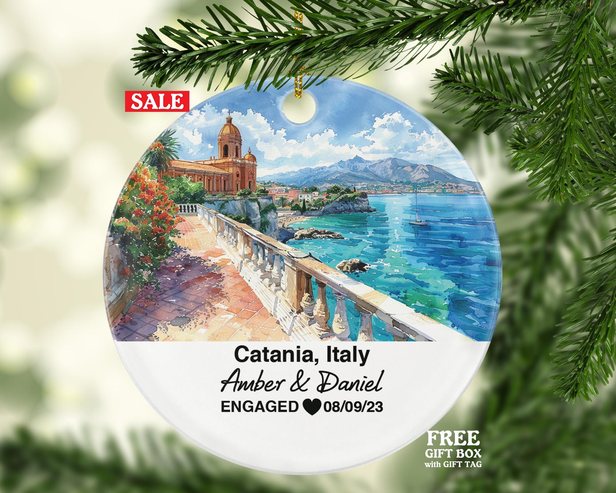 Custom Catania Italy Christmas Ornament, Piazza del Duomo, Castello Ursino, Personalized Honeymoon, Engagement, Wedding Keepsake for Couples