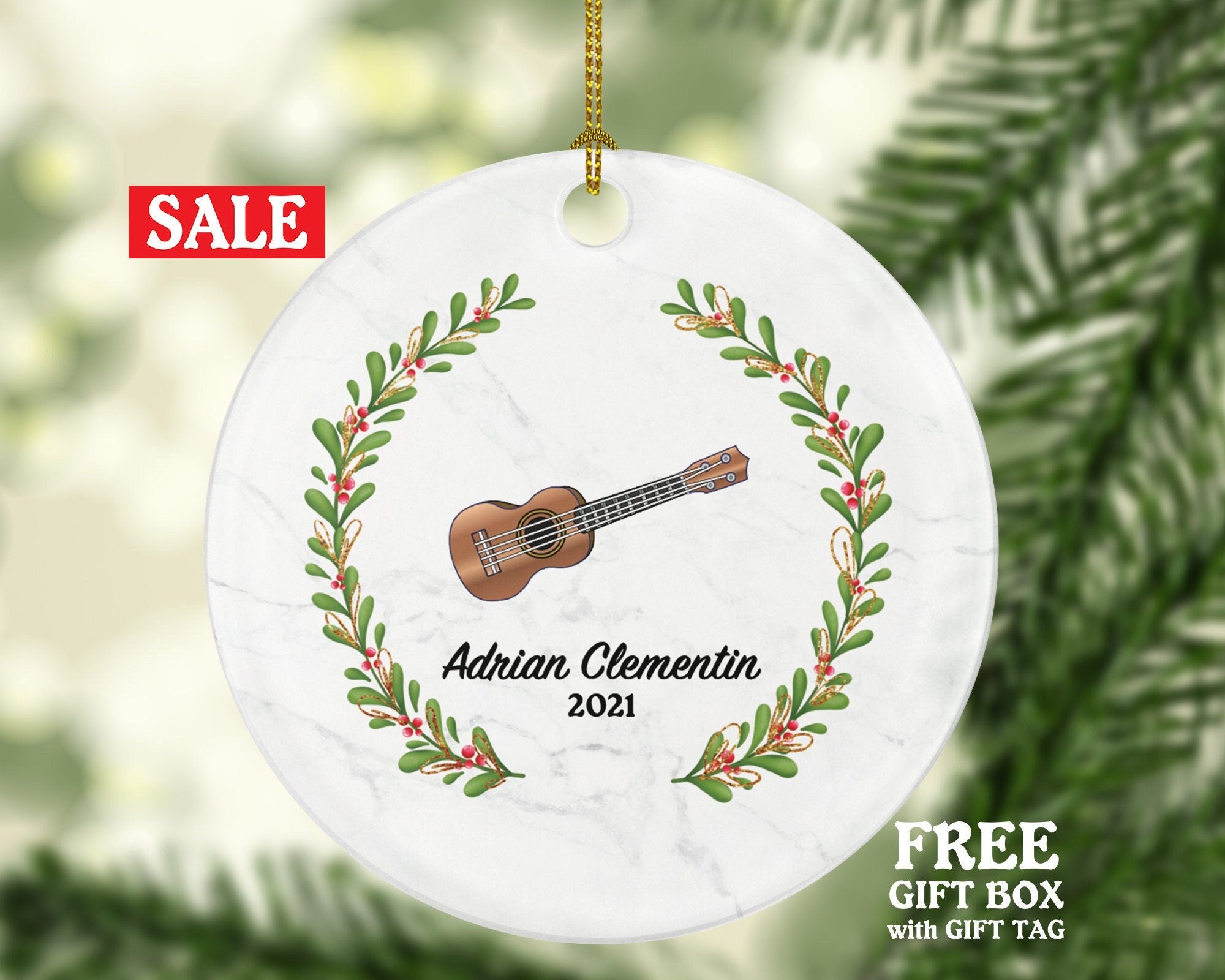 Guitar Christmas Ornament Personalized - Musical Instrument Guitarist Playing Guitar Gift for Guitarist - Custom Name Year