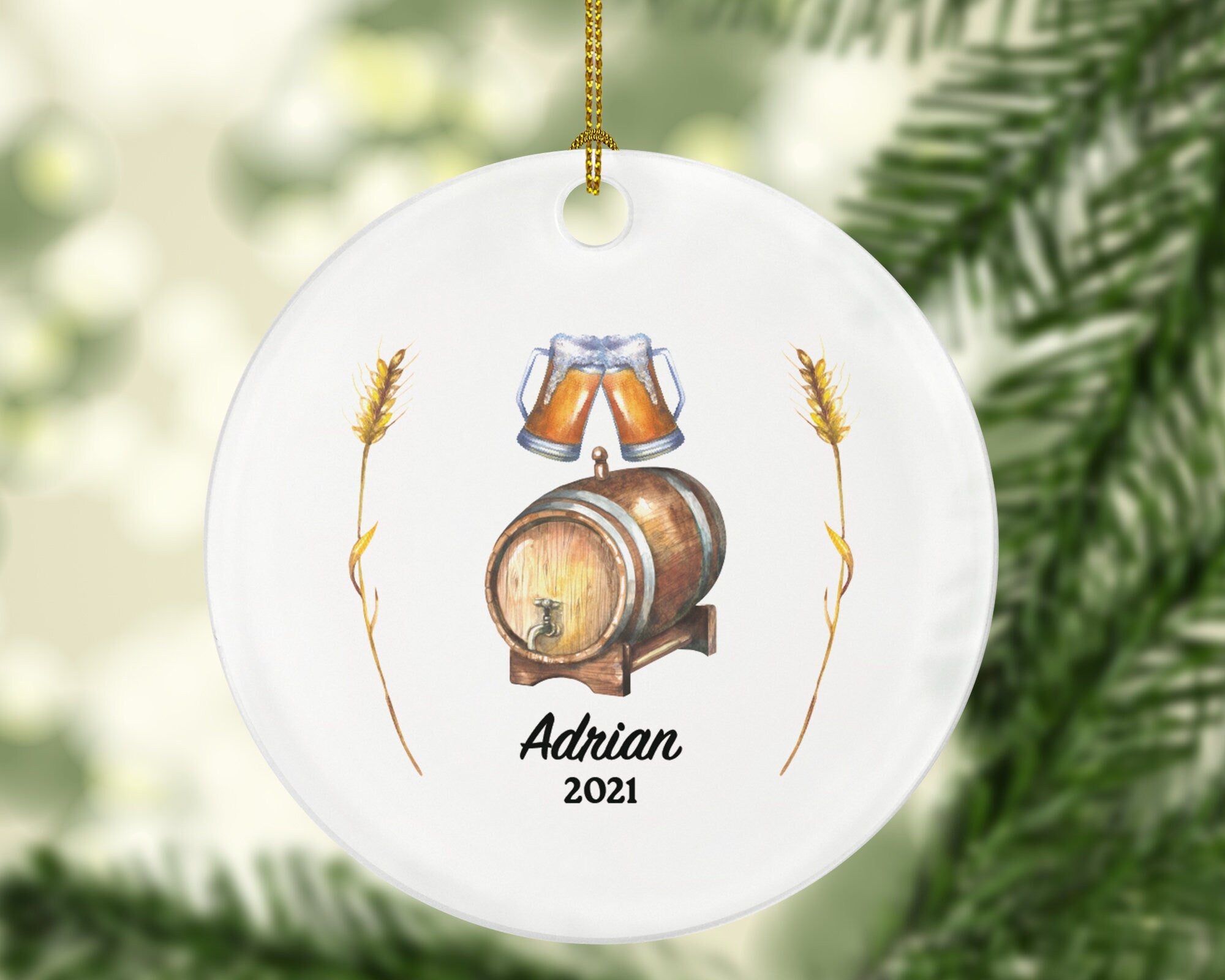Beer Lover Christmas Ornament Personalized, Beer Drinker, Beer Keg Mug of Beer, Turning 21 Ornament,