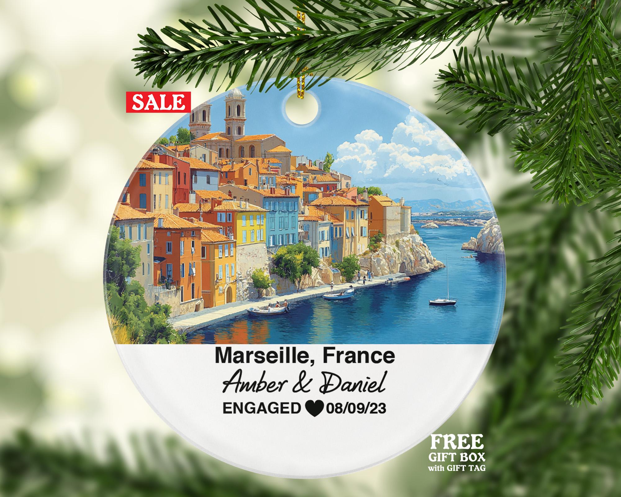 Marseille France Round Ceramic Christmas Ornament – Personalized Holiday Keepsake, Custom Couple Gift for Wedding or Honeymoon