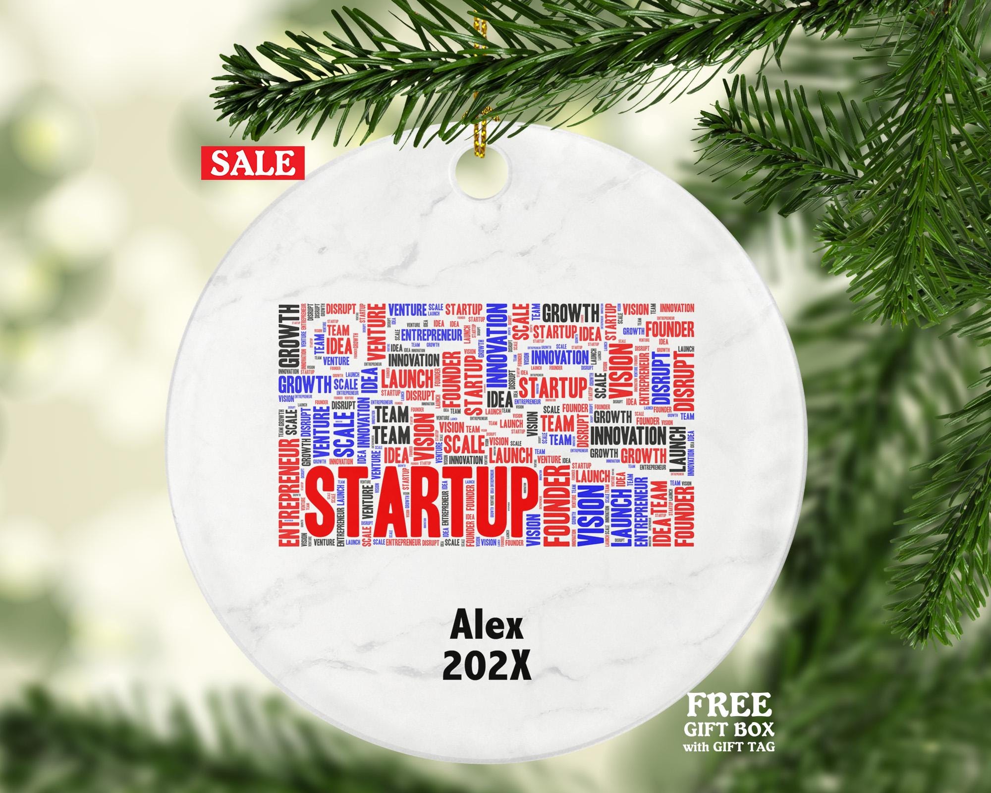 Startup Ornament, Entrepreneur Gift, Founder Word Art Ornament, Personalized Porcelain Keepsake for Business Owners