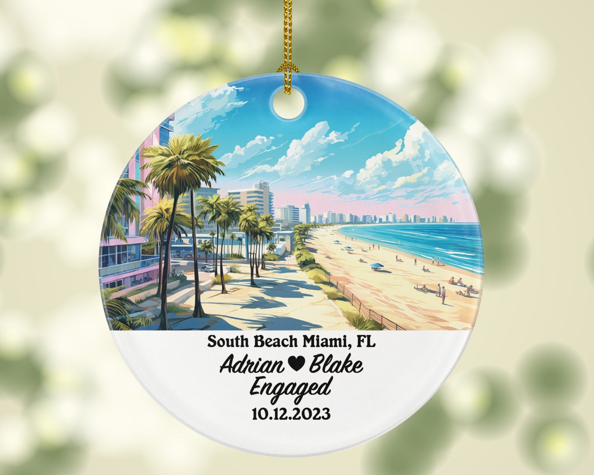South Beach Miami Florida Christmas Ornament Personalized, FL Engaged Married Family Together Couple Travel Honeymoon Engagement Marriage