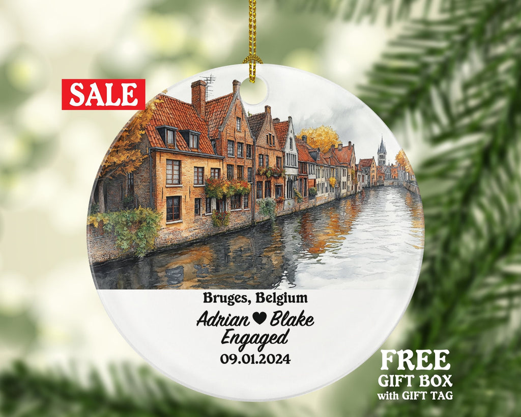Bruges Christmas Ornament Personalized - Belgium Engaged Married Family Together Couple Travel Honeymoon Engagement Marriage