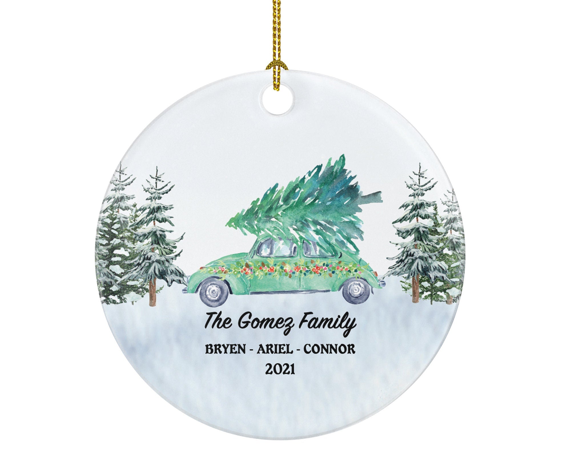 Personalized Car Family Christmas Ornament - Vintage Green Car Gift Custom Ornament With Name Road Trip - Farmhouse Decor