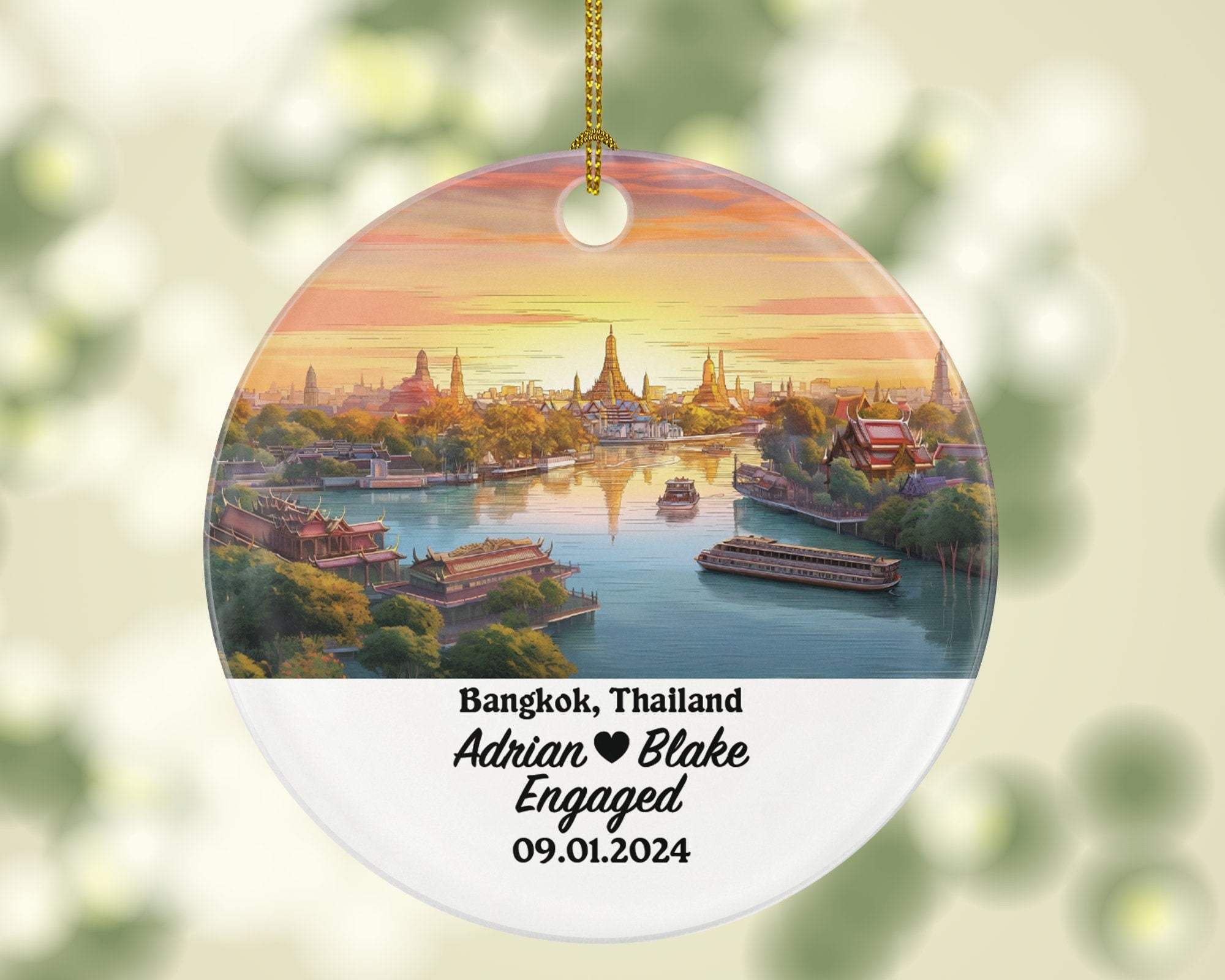 Bangkok Christmas Ornament Personalized - Thailand Engaged Married Family Together Couple Travel Honeymoon Engagement Marriage