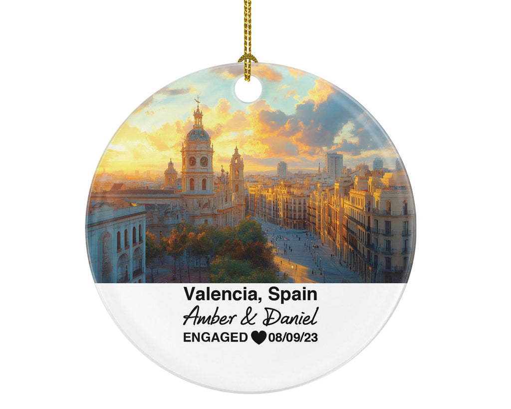 Valencia Spain Round Ceramic Christmas Ornament – Personalized Holiday Keepsake, Custom Couple Gift for Wedding or Honeymoon