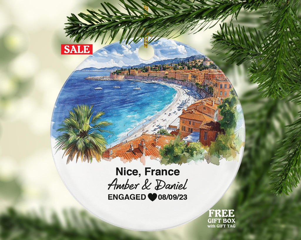 Personalized Nice France Round Ceramic Christmas Ornament – Personalized Holiday Keepsake, Custom Couple Gift for Wedding or Honeymoon