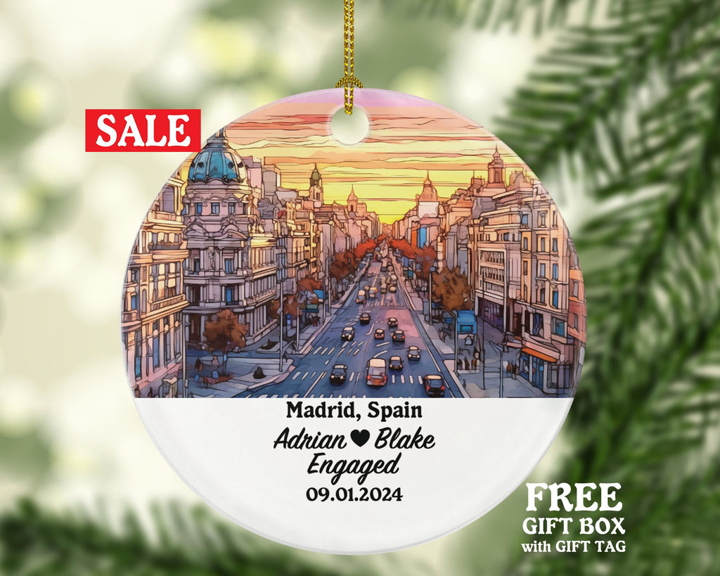 Madrid Christmas Ornament Personalized - Spain Engaged Married Family Together Couple Travel Honeymoon Engagement Marriage