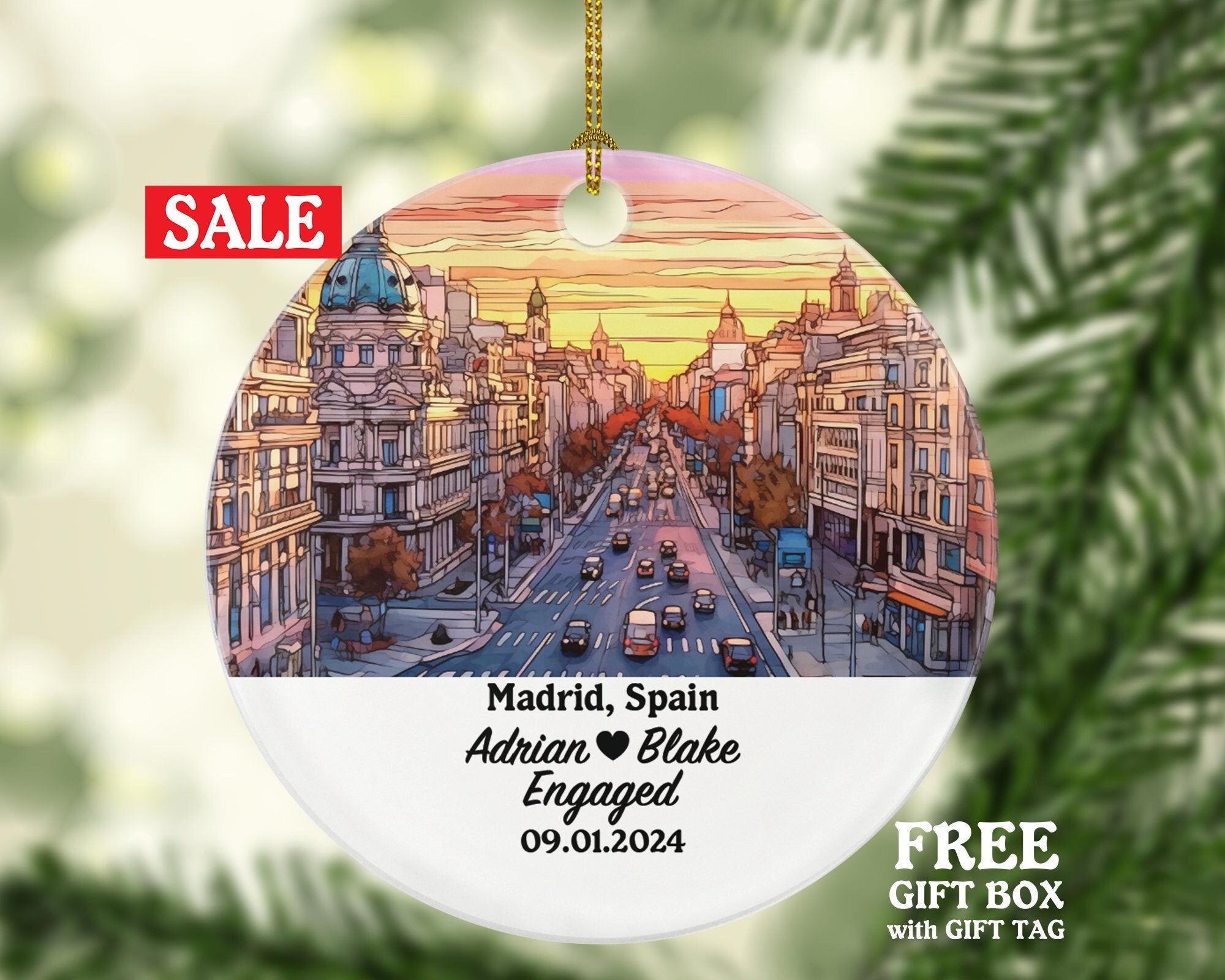 Madrid Christmas Ornament Personalized - Spain Engaged Married Family Together Couple Travel Honeymoon Engagement Marriage