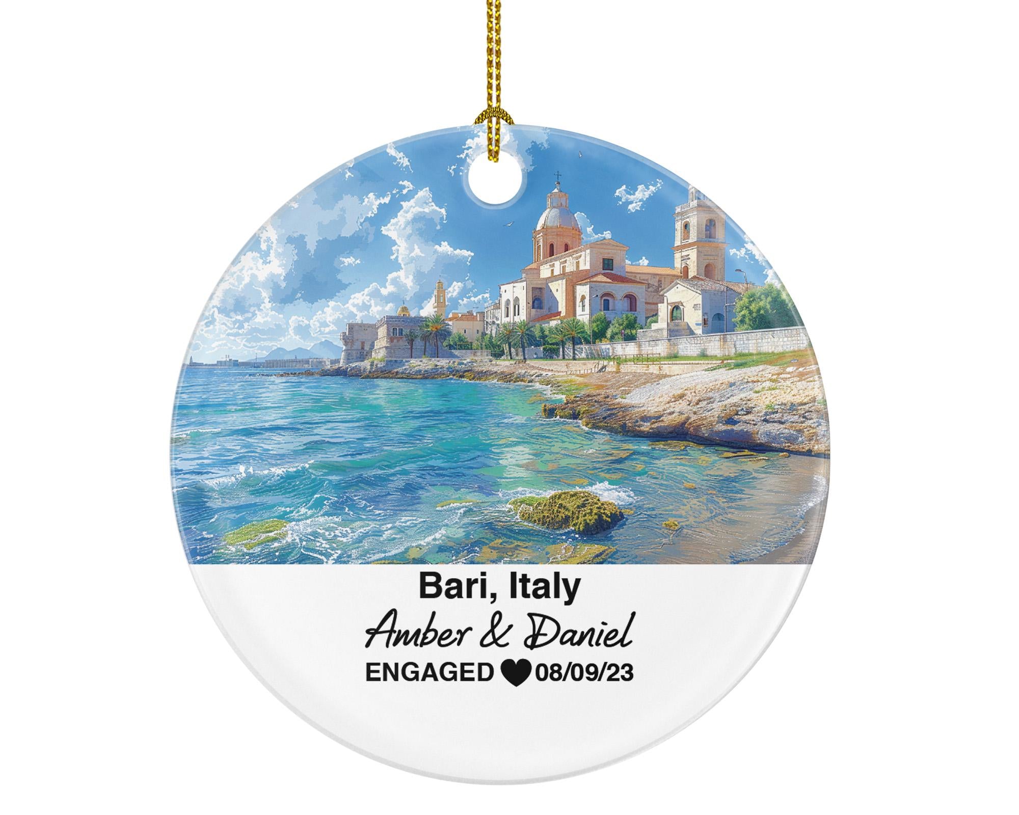 Personalized Bari Italy Christmas Ornament, Norman Castle, Mr & Mrs Wedding, Engagement, or Honeymoon Keepsake for Couples