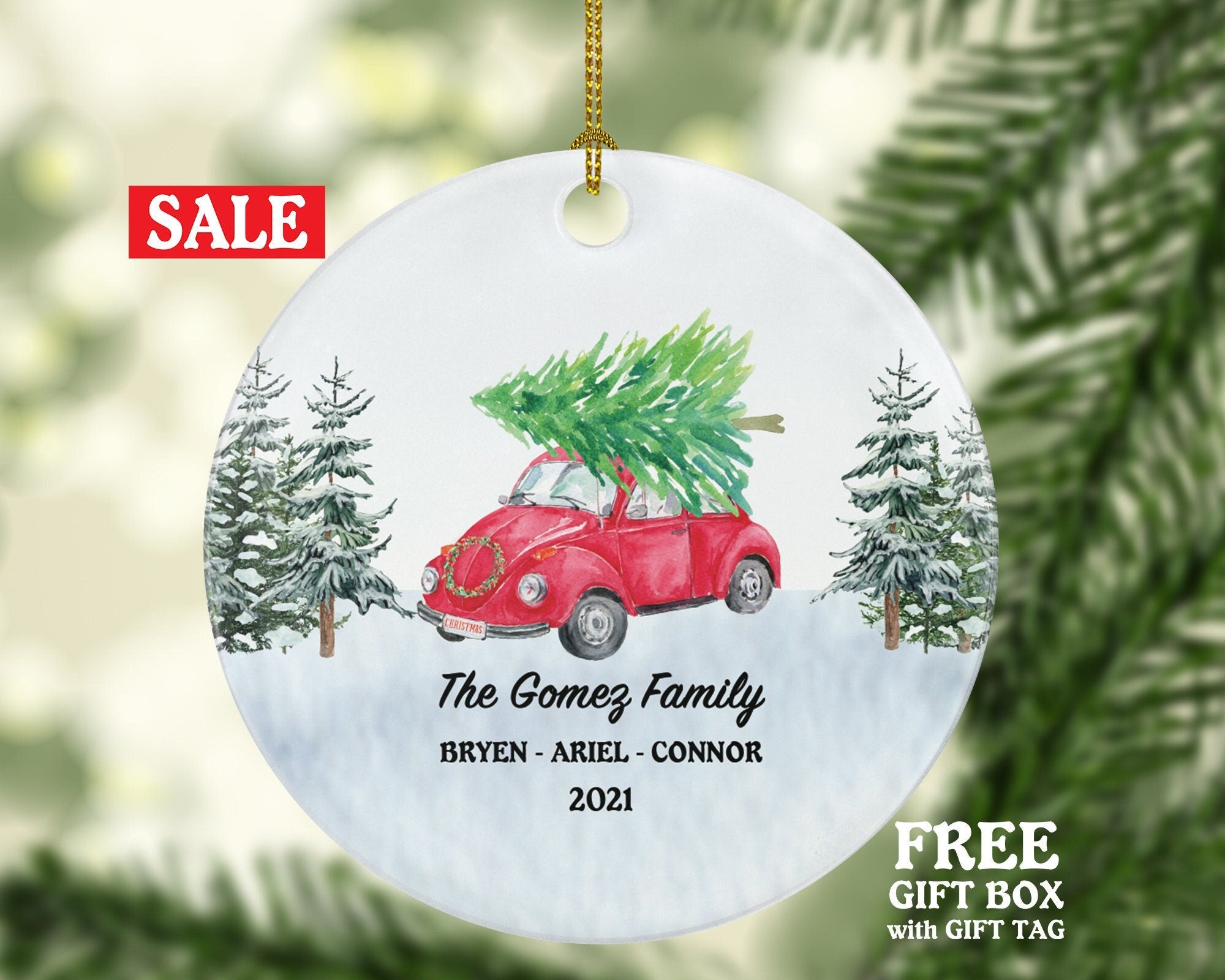 Personalized Car Family Christmas Ornament - Vintage Red Car Gift Custom Ornament With Name Road Trip - Farmhouse Decor