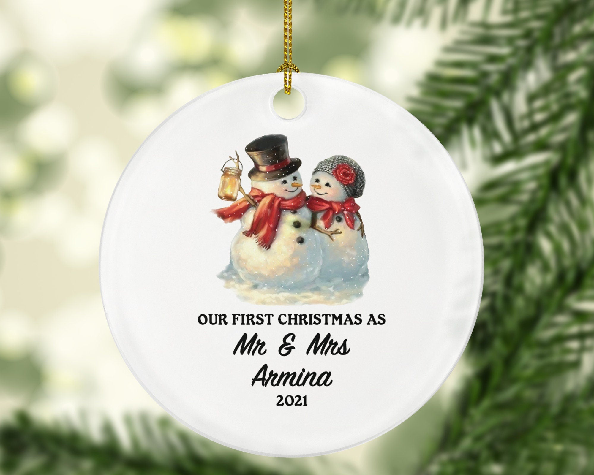 Our First Christmas as Mr & Mrs Married Couple Christmas Ornament Personalized - Newlywed Mr. and Mrs. Gift - Snowmen - Custom Family Name