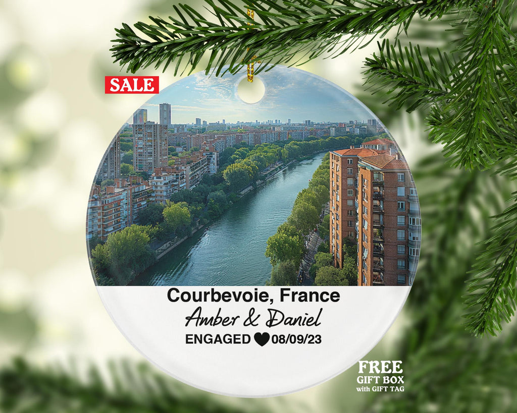 Personalized Courbevoie France Christmas Ornament, Seine River, Skyline, Mr & Mrs Wedding, Engagement, or Honeymoon Keepsake for Couples