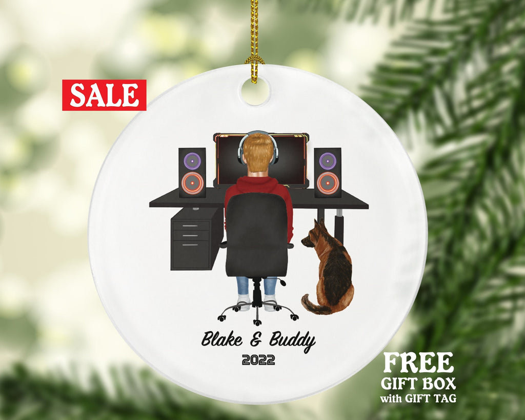 Gamer Computer User Male and Pet Dog Cat Christmas Ornament - Video Game Player Engineer Personalized Playing - Working from Home Boy