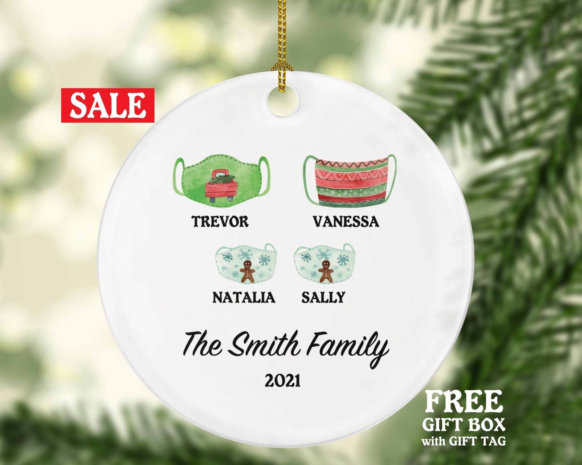 Personalized Christmas Family Mask Ornament - Survivor Family with Face Mask (family of 1 2 3 4 5 6) Covid19 Pandemic Coronavirus