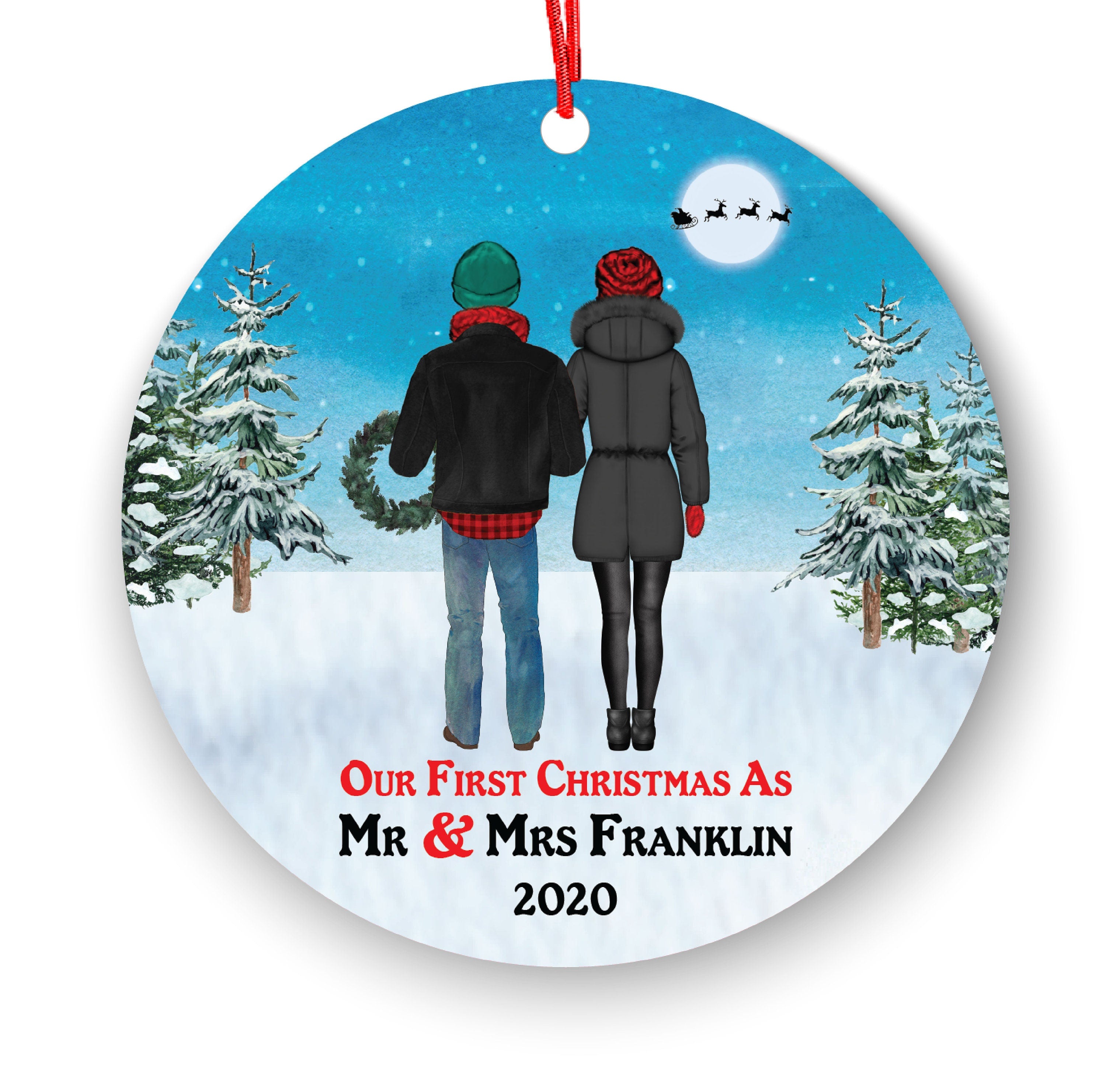 Personalized First Christmas As Mr & Mrs Newlywed Couple Portrait Ornament Wedding First Married Wedding Gift for Bride Groom Hair Skin