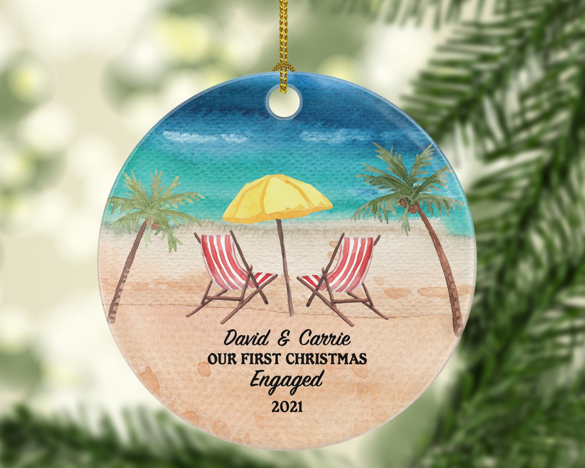 Engagement Personalized Christmas Ornament - Beach Chair Summer Palm Sand Our First Engaged Couple Newly 1st Xmas Future Husband Wife Lover