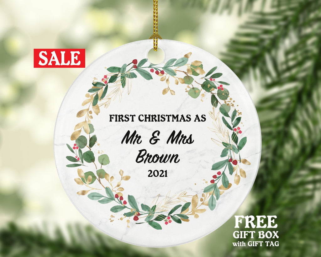 First Christmas as Mr & Mrs Married Couple Christmas Ornament Personalized - Newlywed Christmas First Custom Gift - Greenery