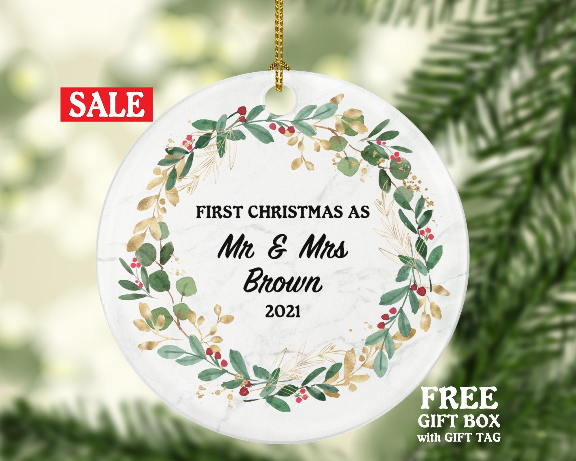 First Christmas as Mr & Mrs Married Couple Christmas Ornament Personalized - Newlywed Christmas First Custom Gift - Greenery