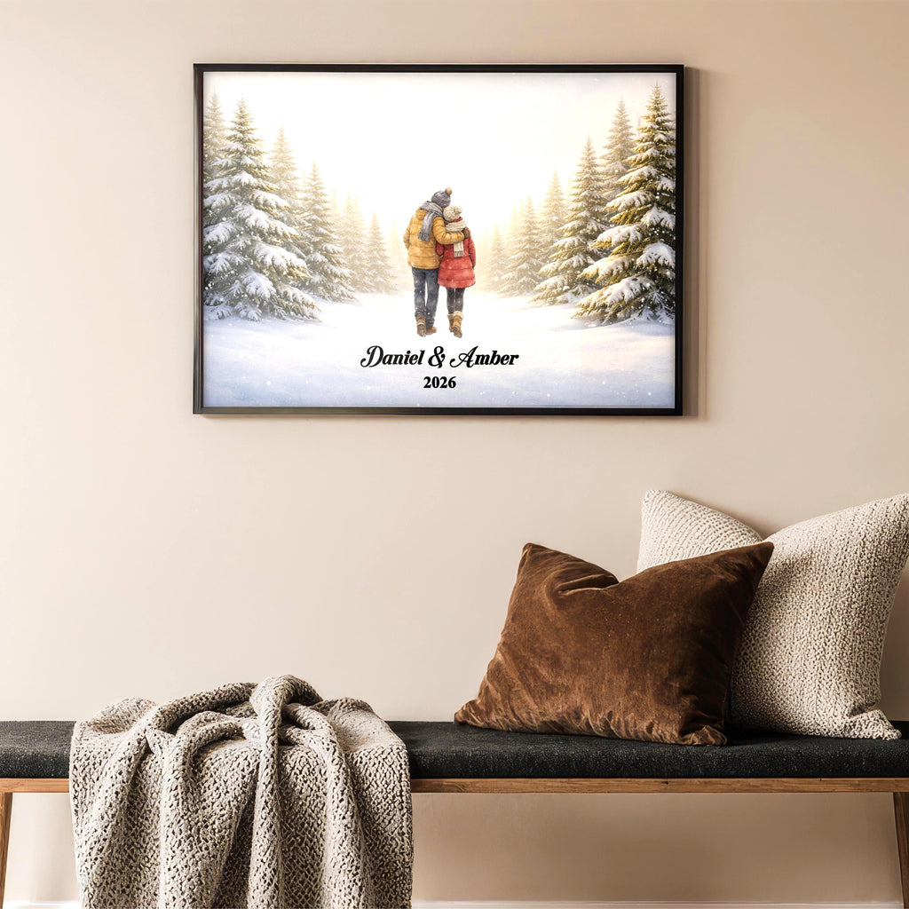 Custom Couple in Snow Wall Art | Winter Scene Print for Engaged, Married, Mr & Mrs, Anniversary | Aluminum Metal Print