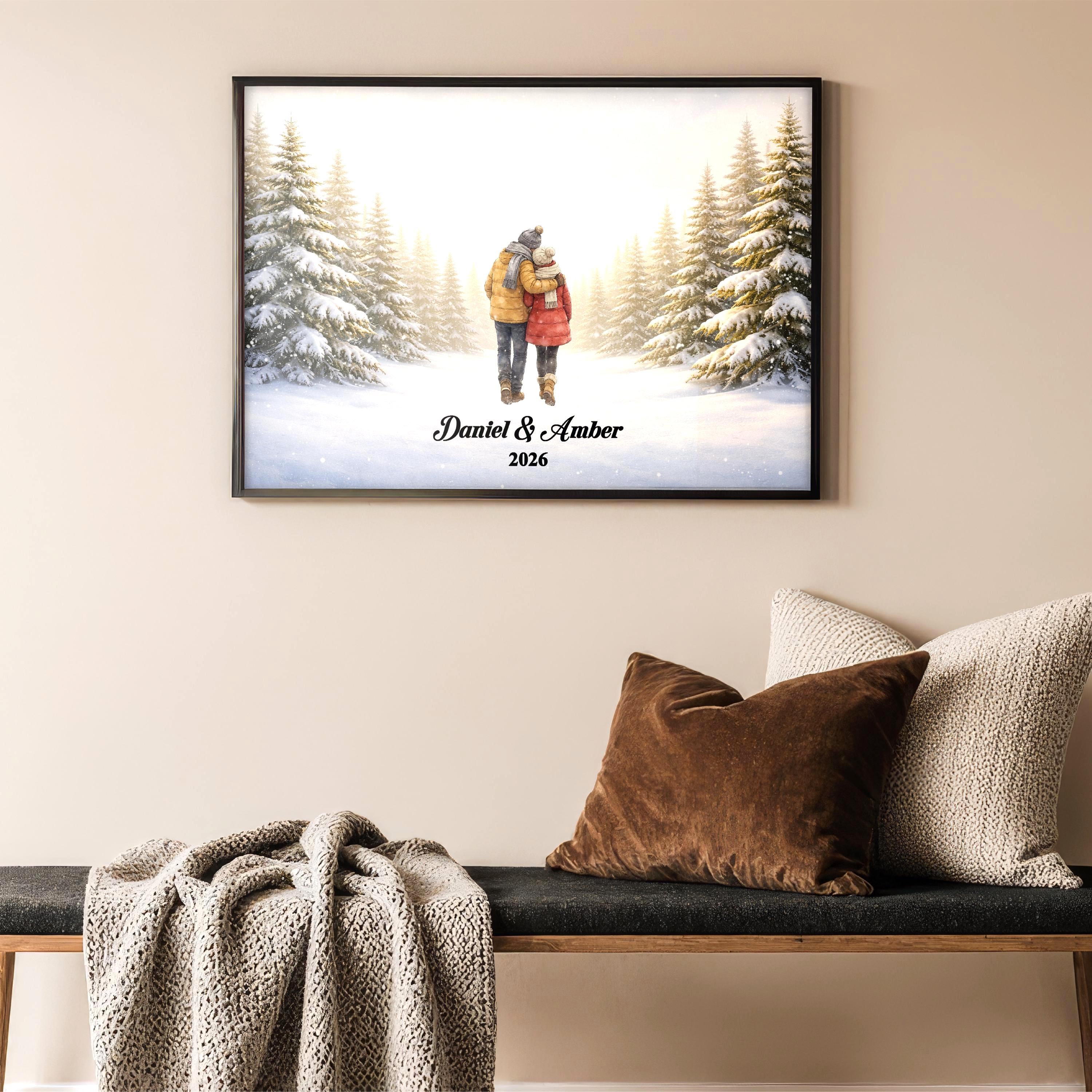 Custom Couple in Snow Wall Art | Winter Scene Print for Engaged, Married, Mr & Mrs, Anniversary | Aluminum Metal Print