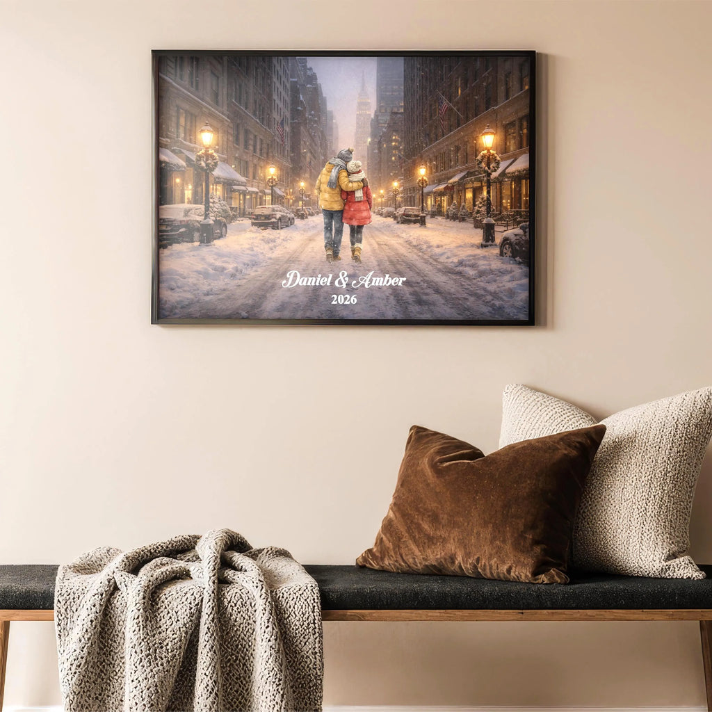 Custom New York City Couple Wall Art | Snowy NYC Scene for Engaged, Married, Mr & Mrs, Anniversary, Travel, Honeymoon | Aluminum Metal Print