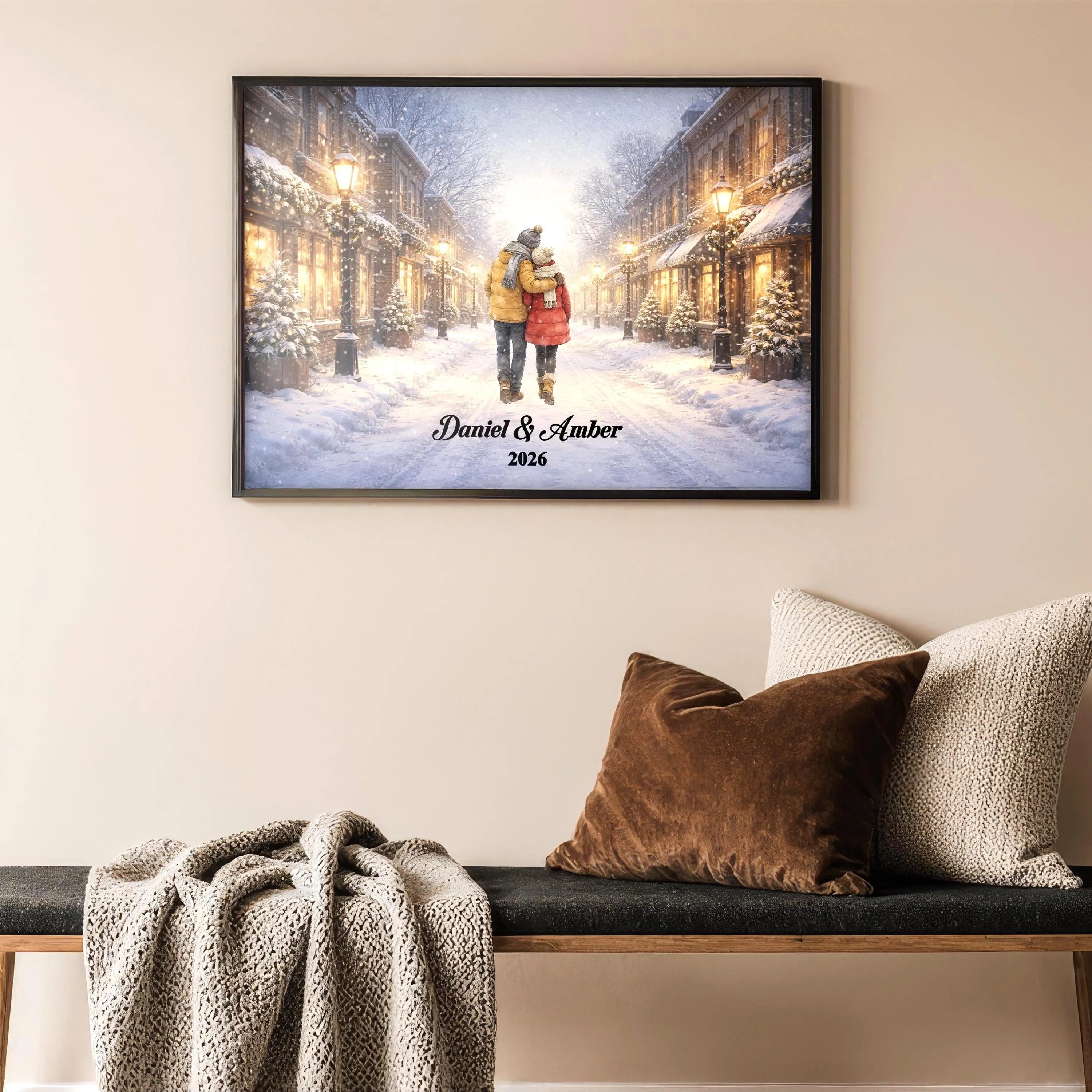 Custom Couple in Snowy City Wall Art | Winter Wall Art for Engaged, Married, Mr & Mrs, Anniversary | Aluminum Metal Print