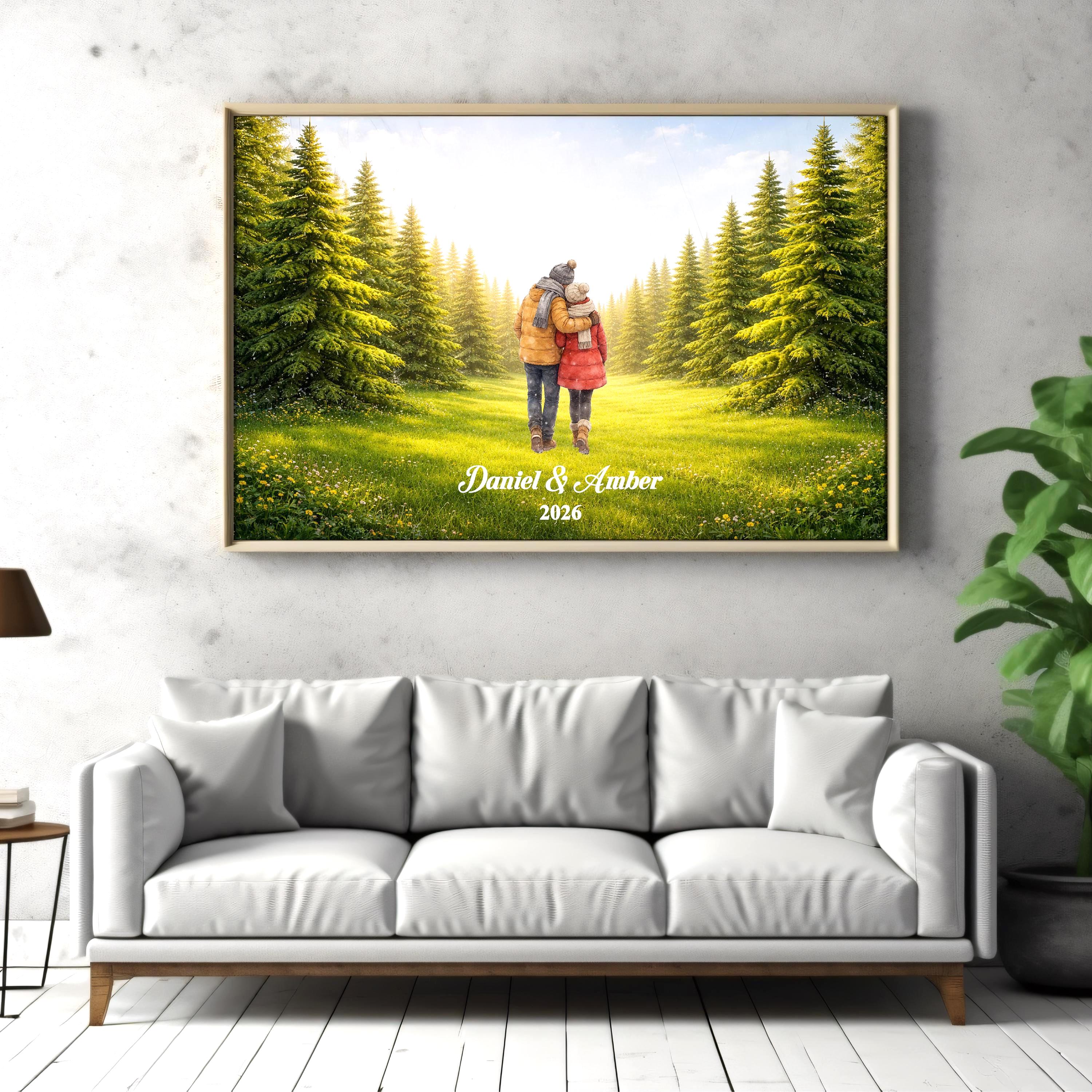 Custom Couple in Forest Wall Art | Green Nature Landscape Print for Engaged, Married, Mr & Mrs, Anniversary | Aluminum Metal Print