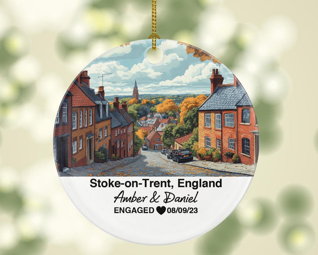Stoke-on-Trent England Round Ceramic Christmas Ornament – Personalized United Kingdom Keepsake, Custom Couple Gift for Wedding or Honeymoon