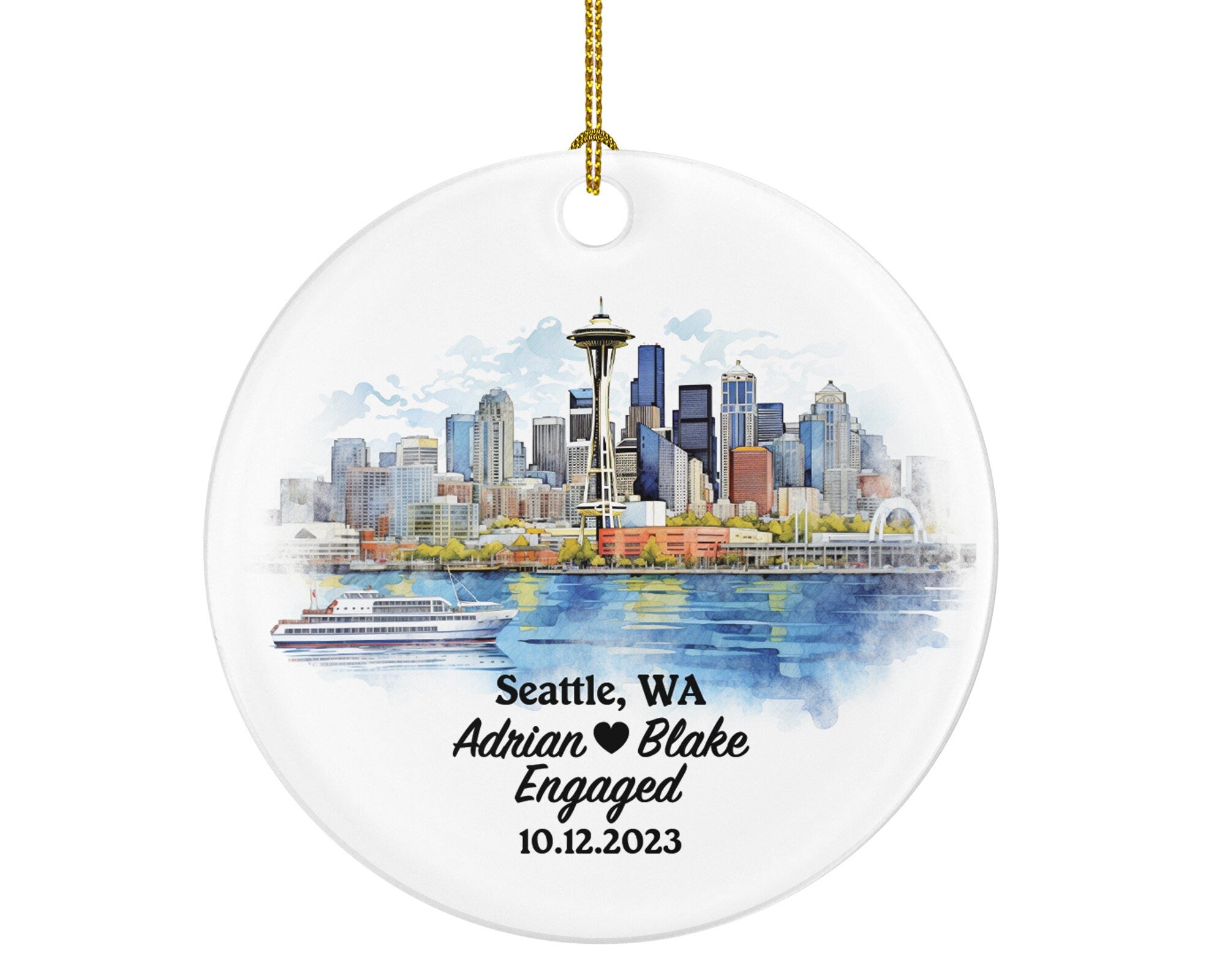 Seattle Washington Christmas Ornament Personalized, WA Engaged Married Family Together Couple Travel Honeymoon Wedding Engagement Marriage