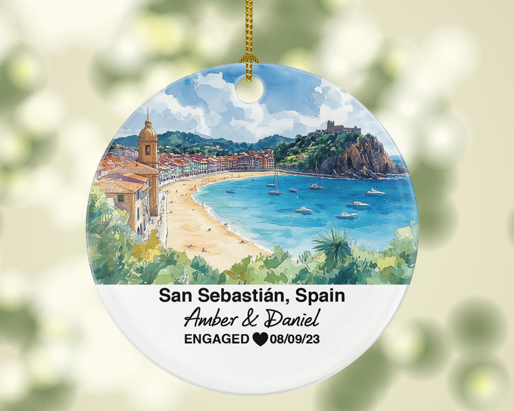 San Sebastián Spain Round Ceramic Christmas Ornament – Personalized Holiday Keepsake, Custom Couple Gift for Wedding or Honeymoon