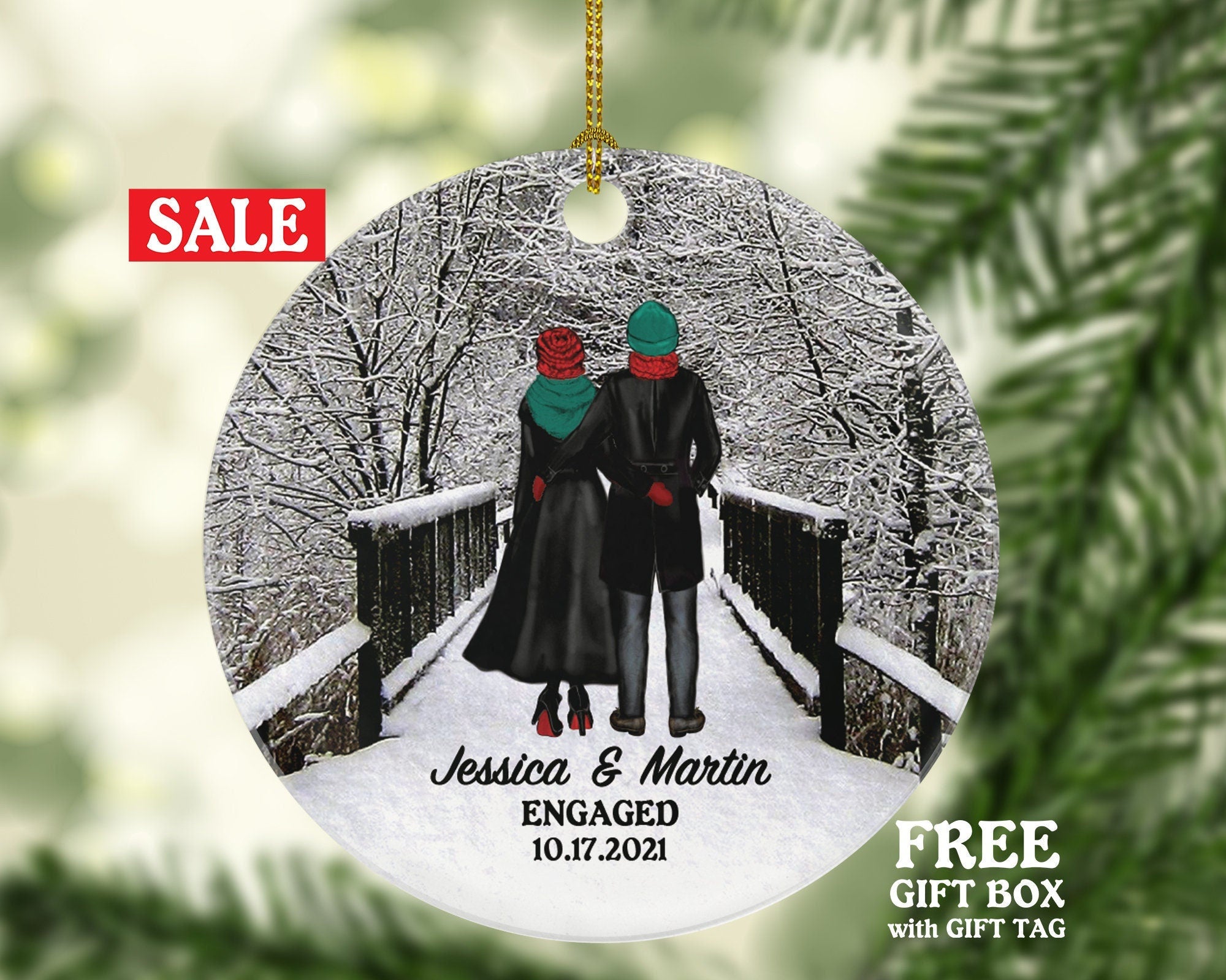 Engagement Christmas Ornament - Engaged Personalized Engagement Announcement Our First Christmas - Couple Gift - Custom Date and Name