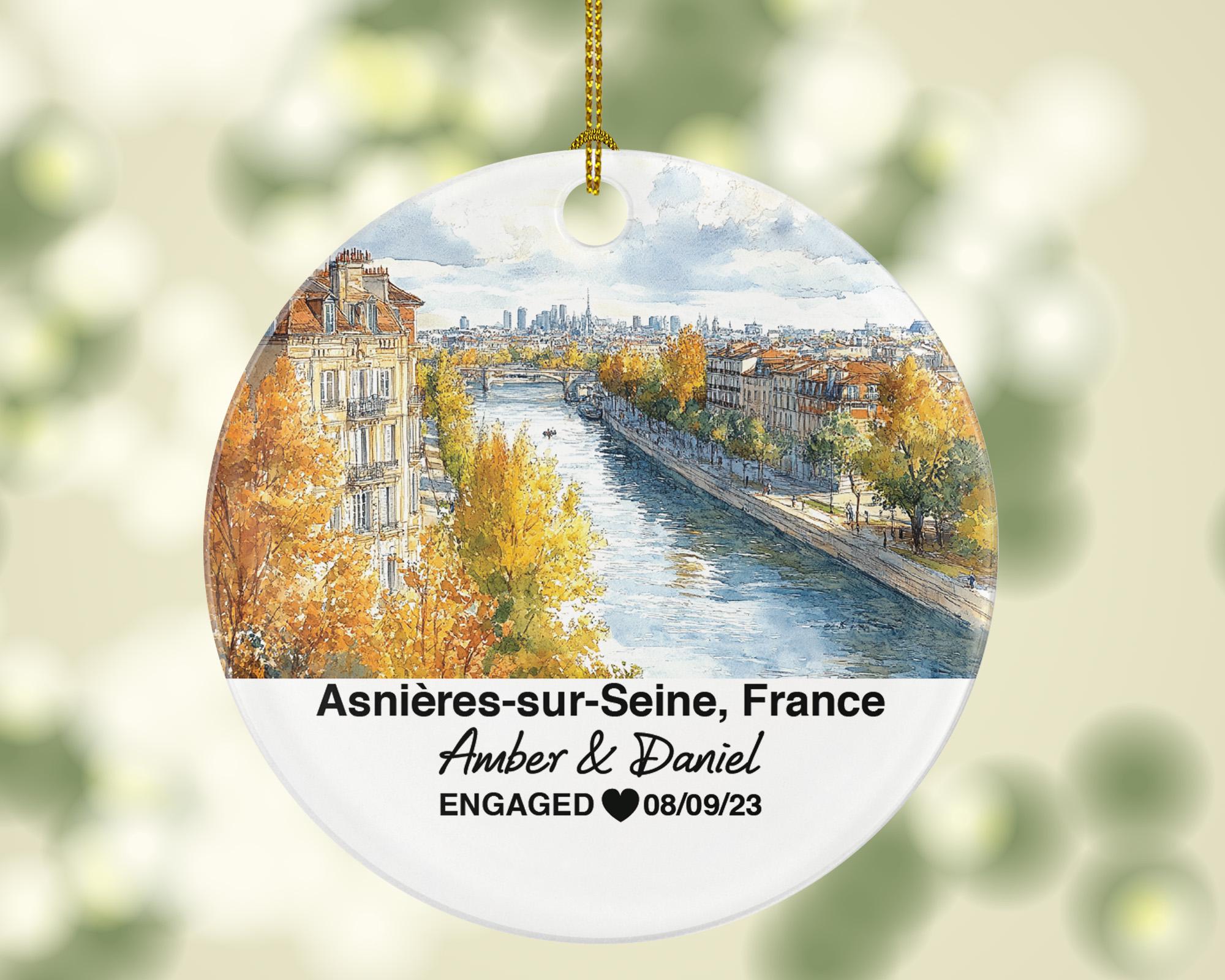 Personalized Asnieres-sur-Seine France Christmas Ornament, Seine River, Mr & Mrs Wedding, Engagement, or Honeymoon Keepsake for Couples