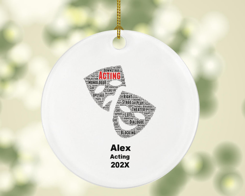 Personalized Acting Ornament – Theater Student Gift – Drama Masks Word Art – Custom Drama Ornament with Name & Year