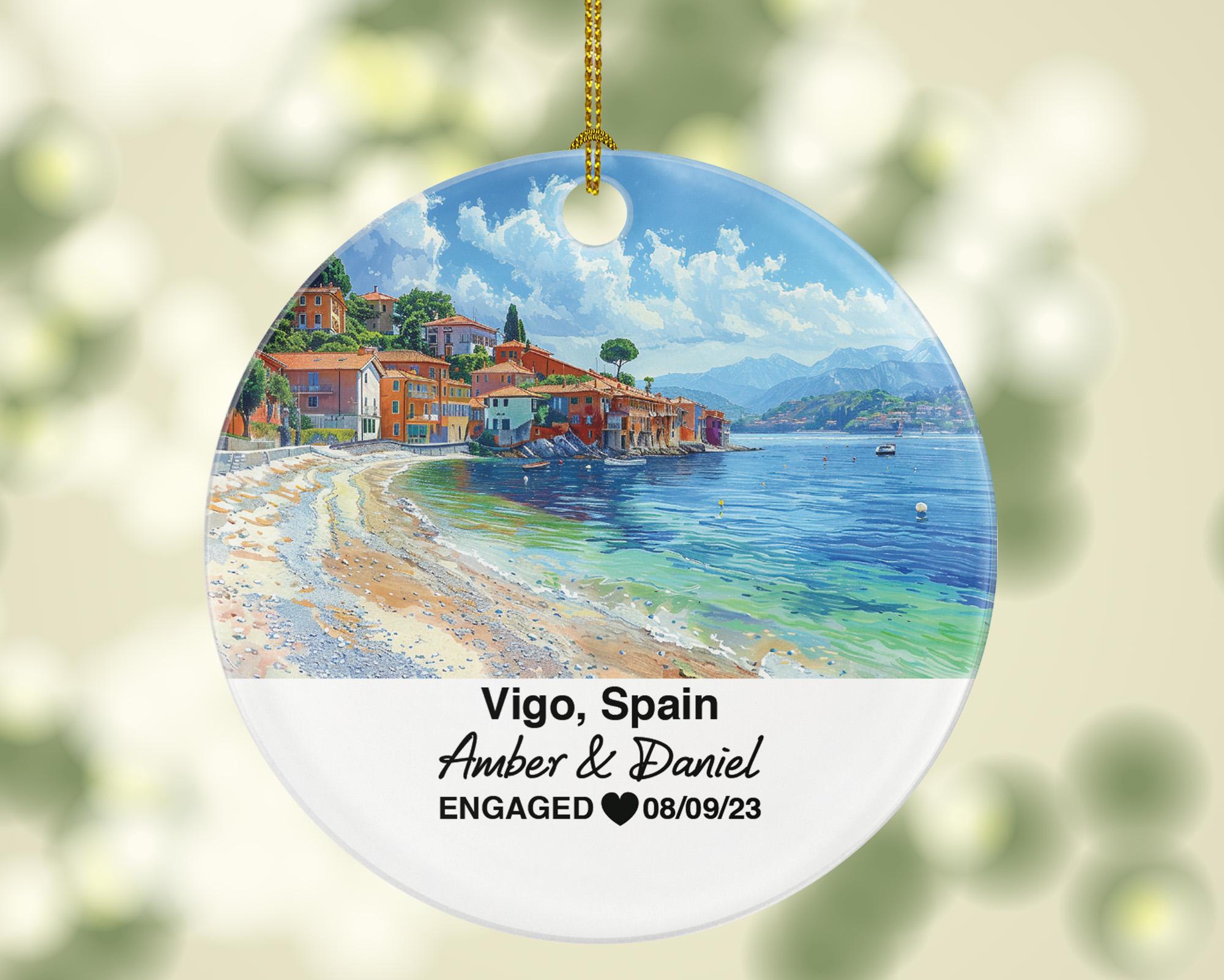 Vigo Spain Round Ceramic Christmas Ornament – Personalized Holiday Keepsake, Custom Couple Gift for Wedding or Honeymoon