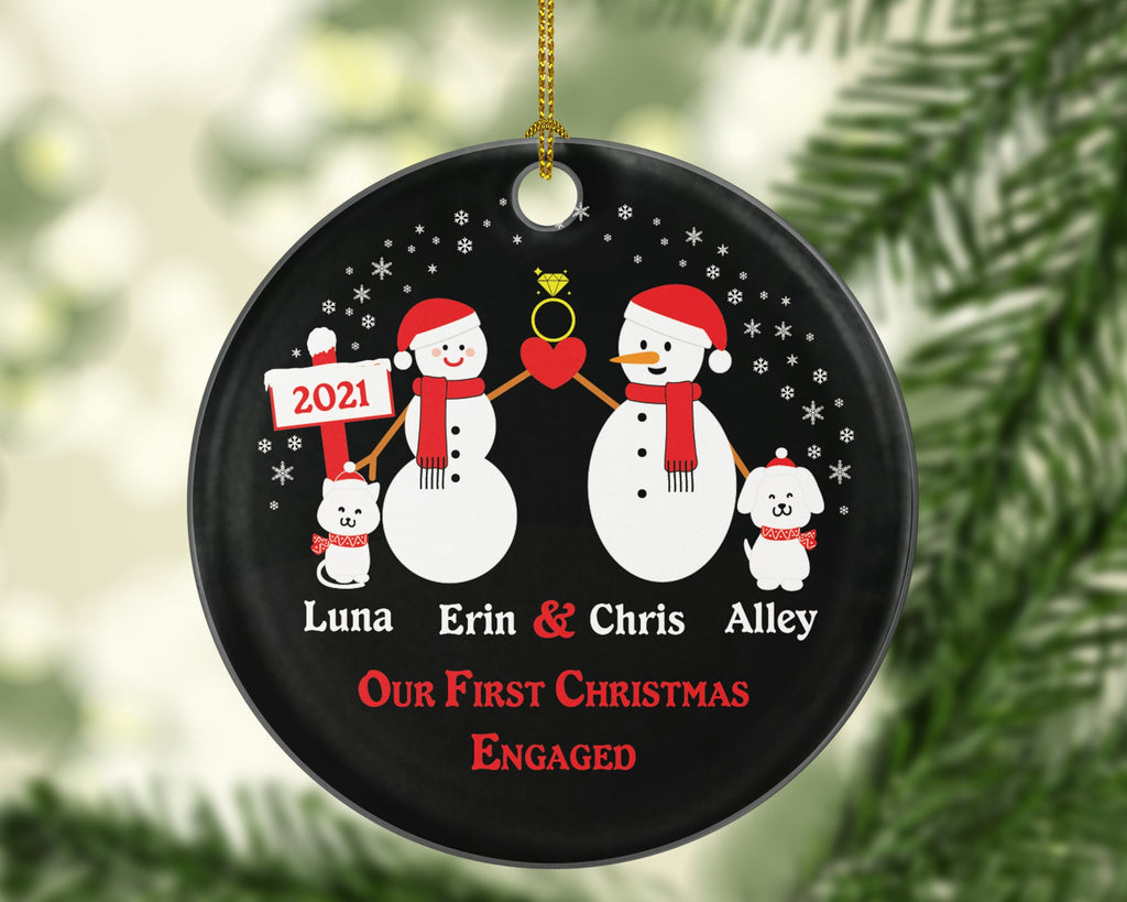 Personalized Engaged Ornament with Cat and Dog Pet, Engaged Couple Ornament, Our First Christmas Engaged Ornament, First Christmas