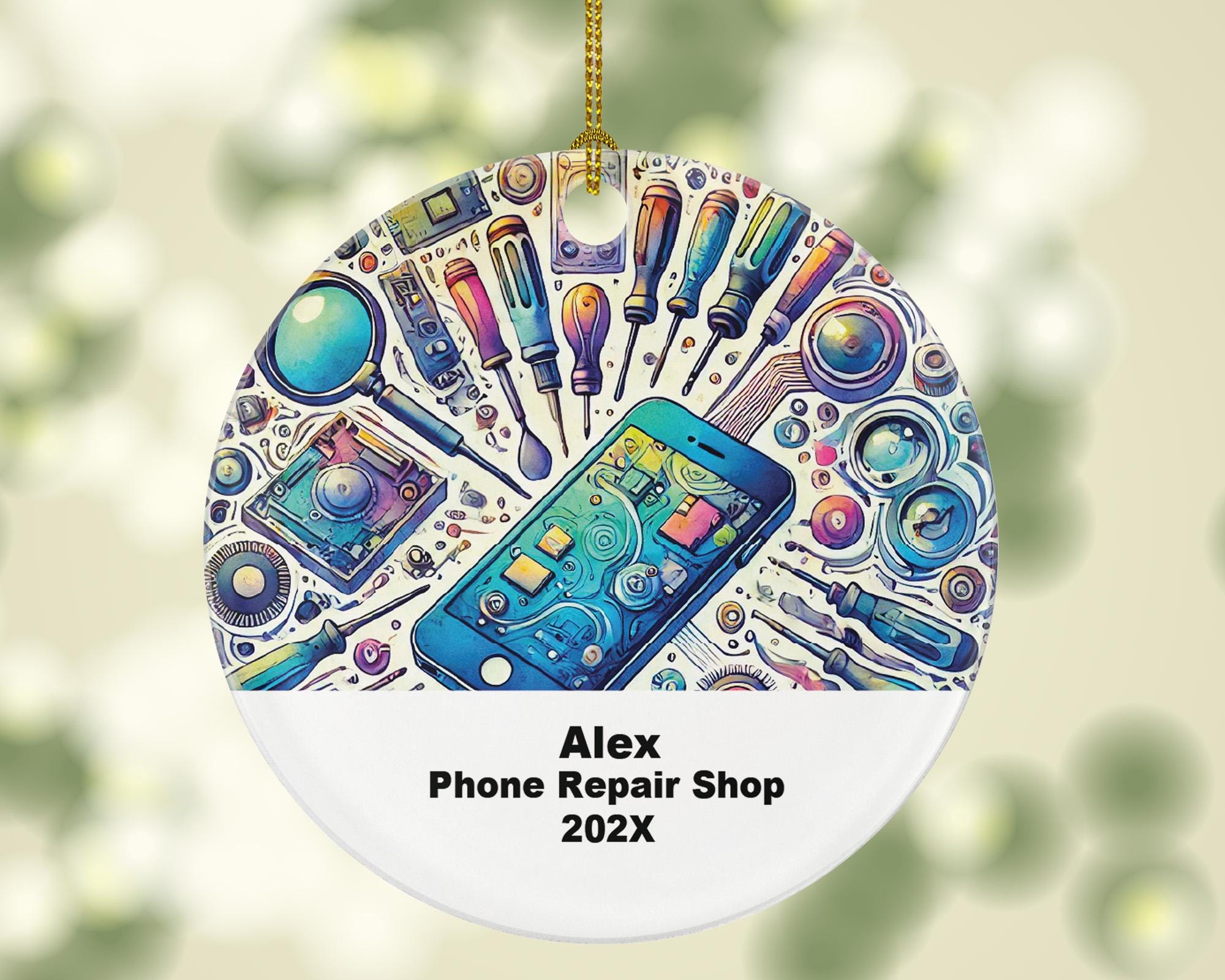Personalized Phone Repair Ornament – Custom Tech Repair Shop Gift – Cell Phone Technician Ornament with Name and Year