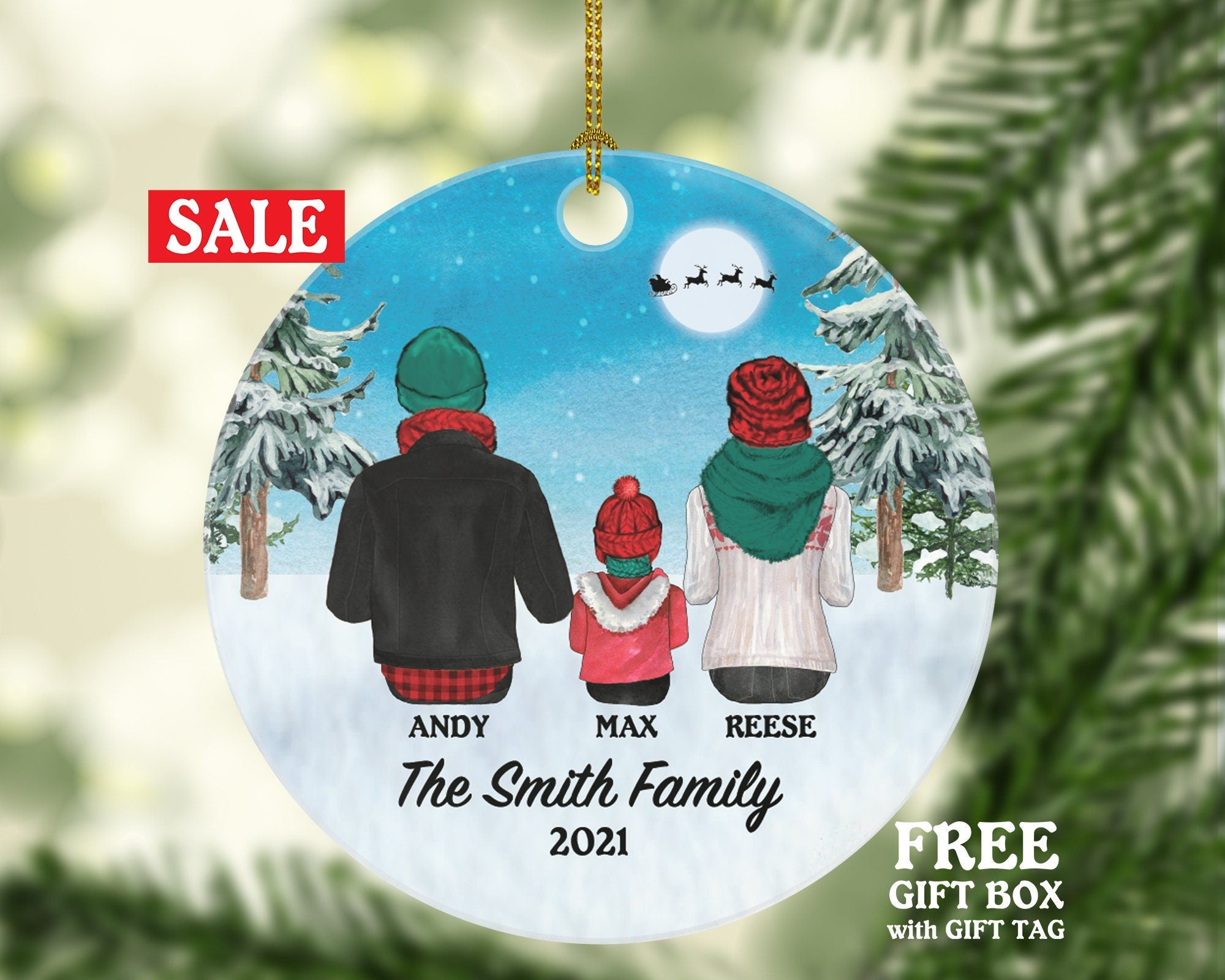 Christmas Family of 3 Personalized Ornament - First Christmas New Baby Girl Boy Parents Mother Father Mom Dad Gift Kid Child Gift