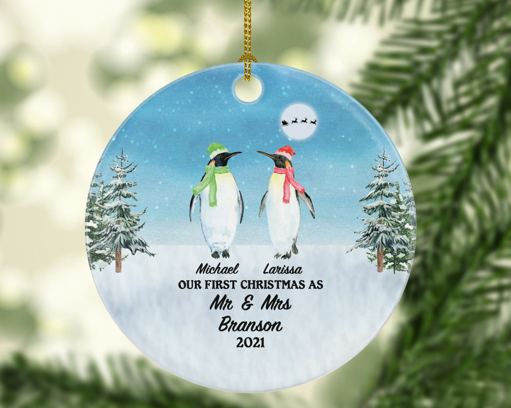 First Christmas as Mr & Mrs Wedding Personalized Ornament - Just Married Newlywed Custom Mr. and Mrs. Marriage - Penguin Couple Gift