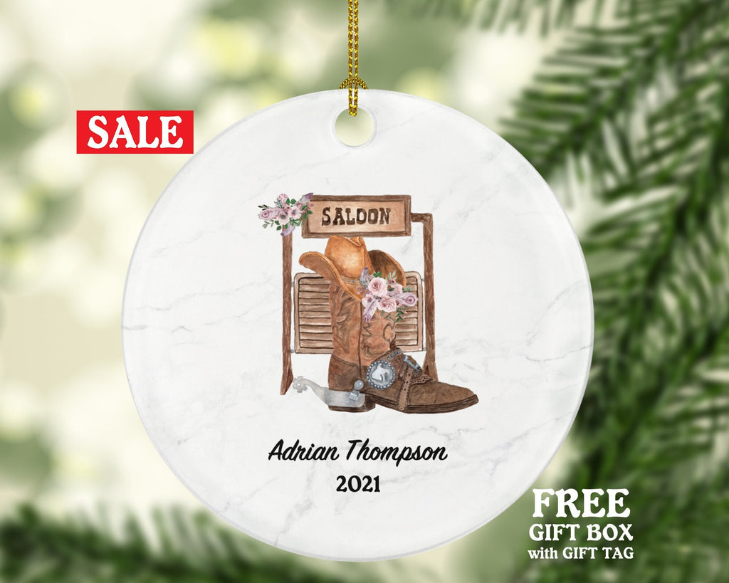 Western Cowboy Boot Hat Gun Scarf Christmas Ornament, Bull Rider Gift Rancher Texas Cowgirl Farm Personalized Xmas Present