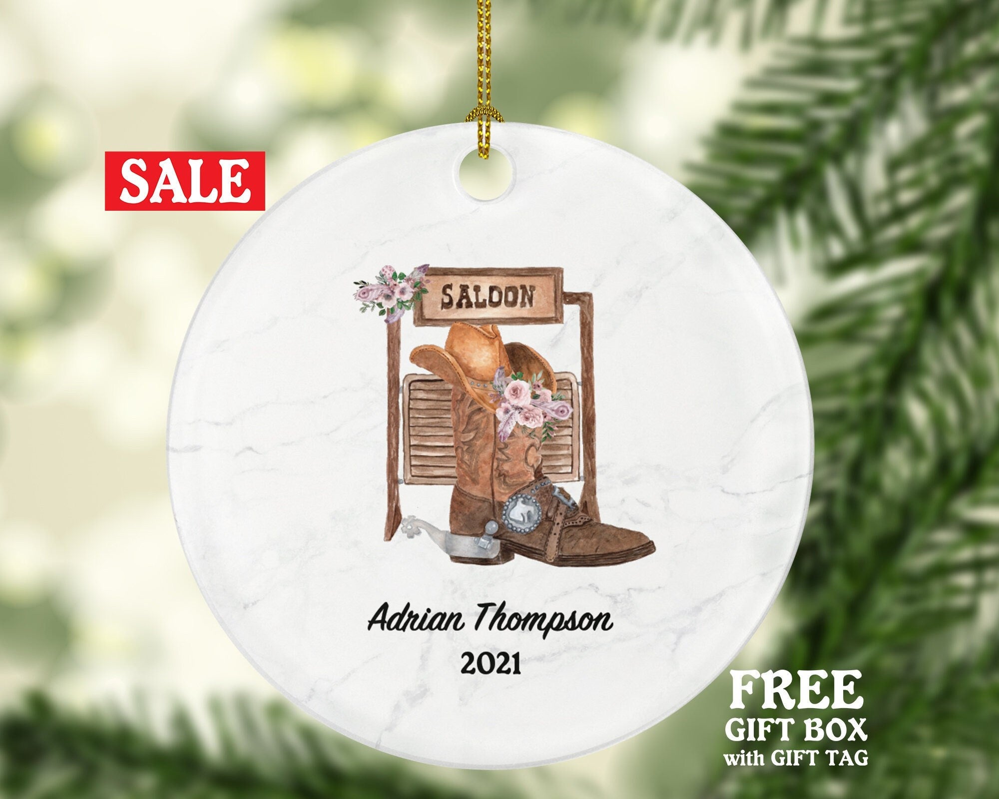 Western Cowboy Boot Hat Gun Scarf Christmas Ornament, Bull Rider Gift Rancher Texas Cowgirl Farm Personalized Xmas Present