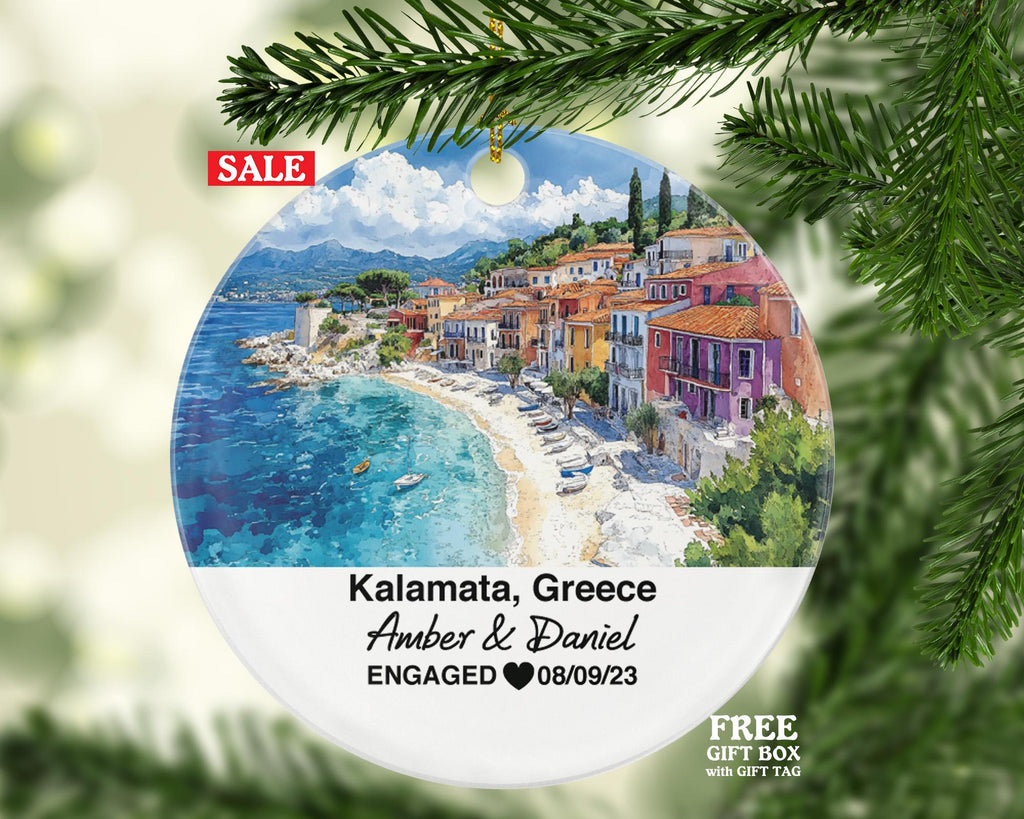 Kalamata Greece Round Ceramic Christmas Ornament – Personalized Holiday Keepsake, Custom Couple Gift for Wedding or Honeymoon