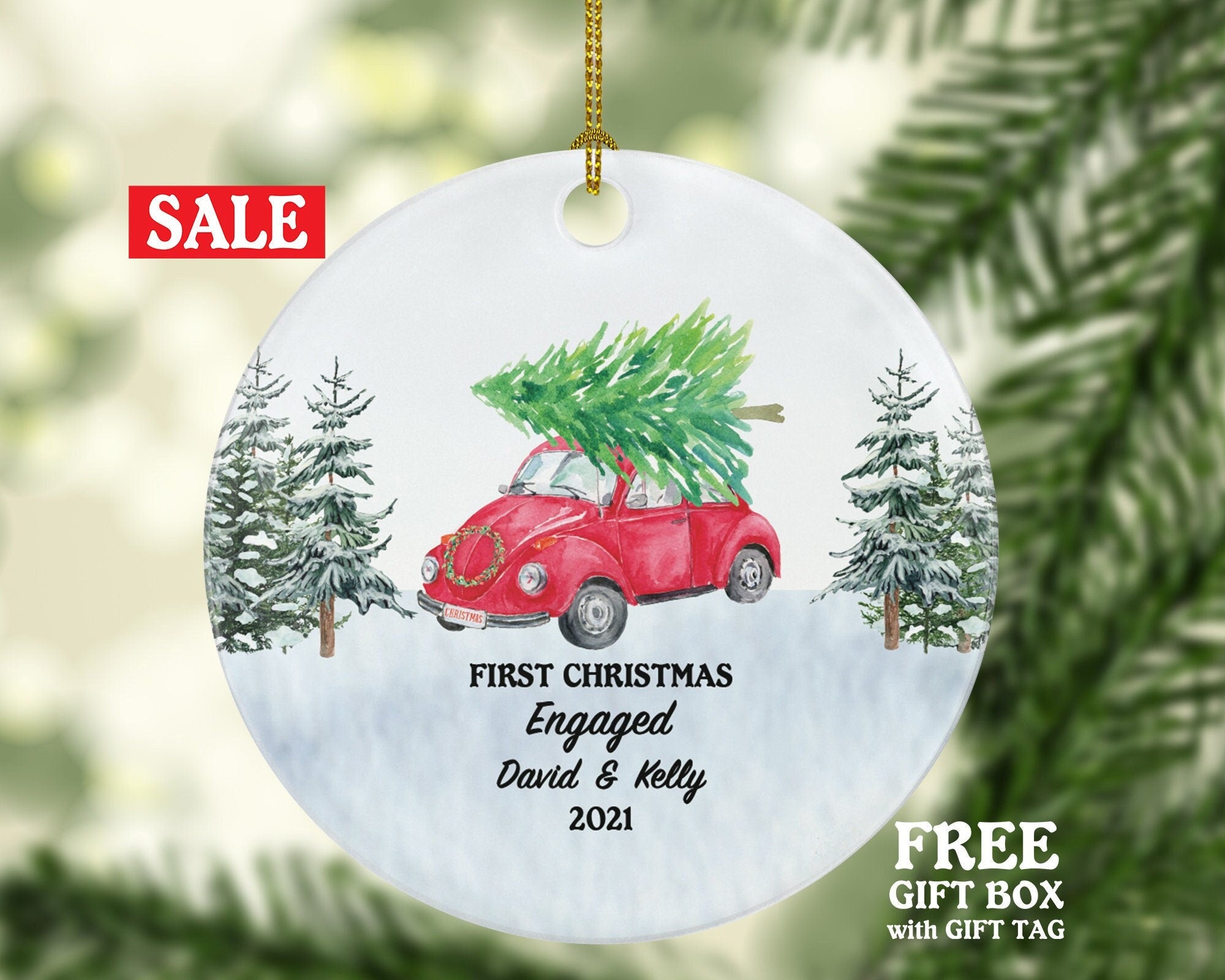 First Christmas Engaged Vintage Red Car Ornament - Couple Personalized Engagement Gift Custom Names & Year Just Newly Engaged