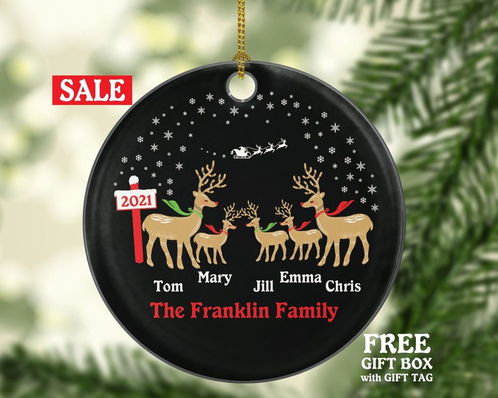 Family of 5 Personalized Christmas Ornament - Five Xmas Reindeer Deer Mother Father New Baby Girl Boy Children Kids Wife Husband Name Gifts