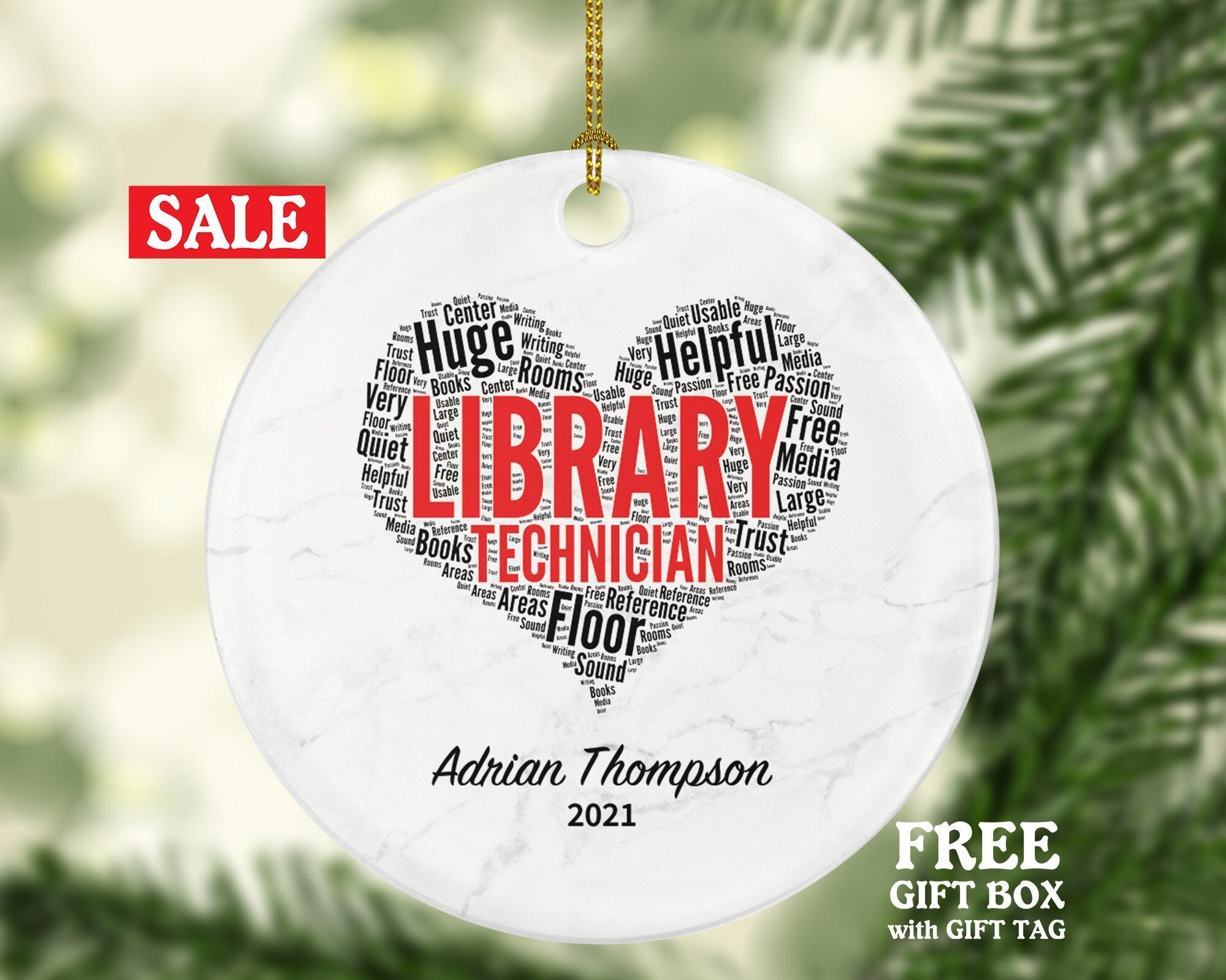 Library Technician Christmas Ornament Personalized, Library Worker Gift Custom Name